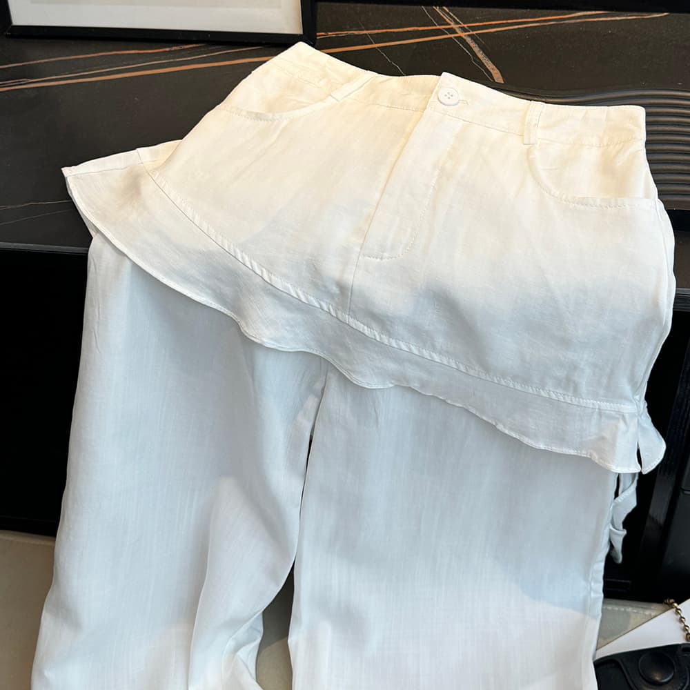 실사 한 부서 프릴 방귀 커튼 페이크 레이어드 아마 캐주얼 바지 여성 여름 밴딩 루즈핏 슬림해 보이는 9 포인트 와이드 레그 팬츠 상세 이미지 9
