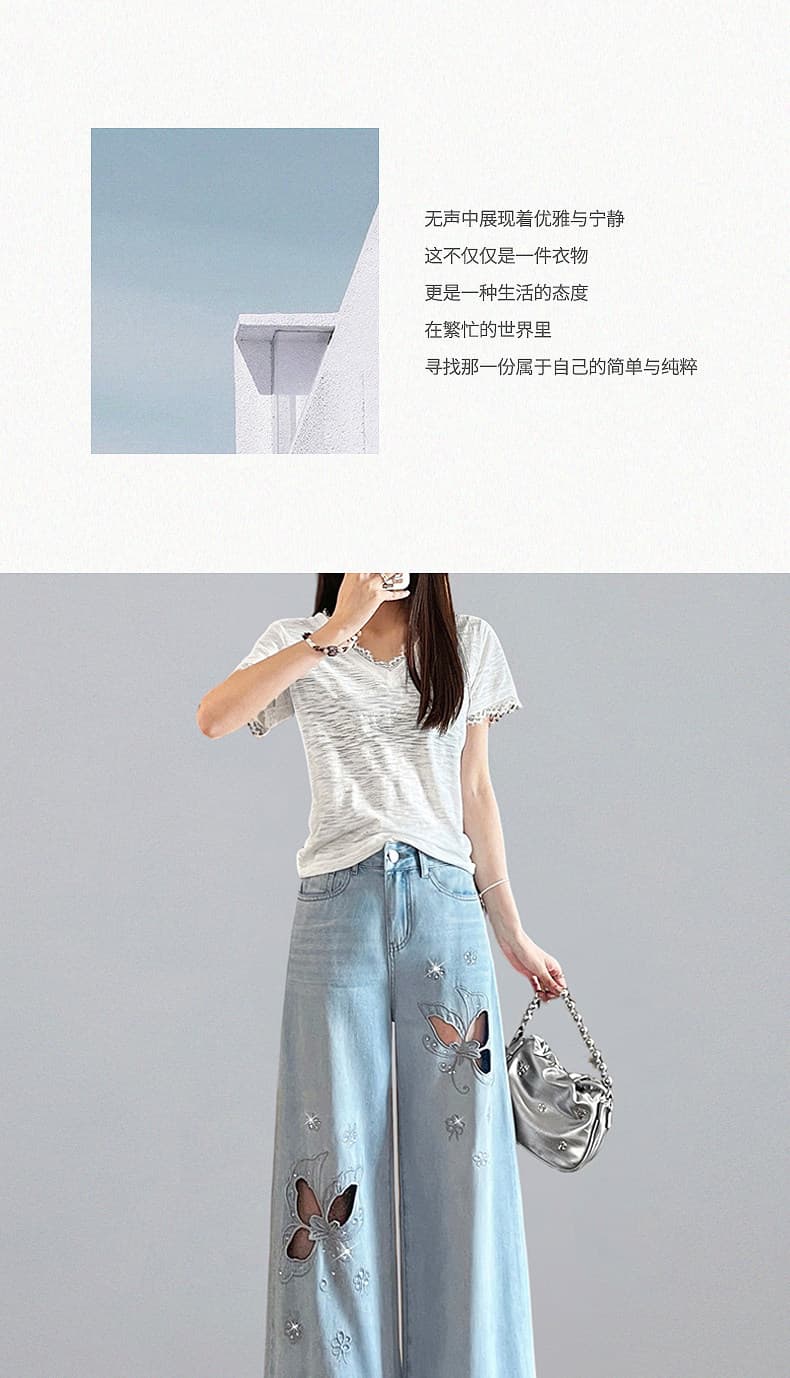 경관 그림 주간 실크 부드러운 데님 와이드 레깅스 바지 여름 얇은 스타일 자수 핫픽스 출퇴근 작은 키 나비 홀로우 아웃 스트레이트 팬츠 상세 이미지 9