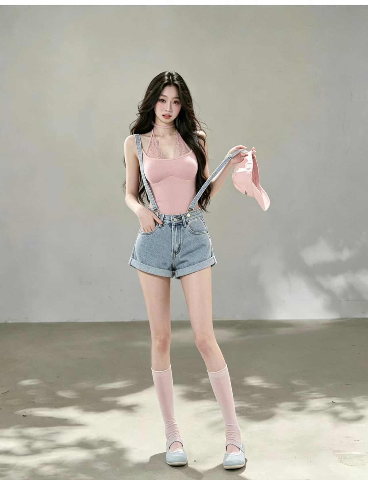 실사 한국 스타일 디자인 센스 주머니 둘 착용 수 있습니다. 철거 데님 멜빵 반바지 여성 여름 하이웨이스트 슬림해 보이는 핫걸 짧은 바지 상세 이미지 3
