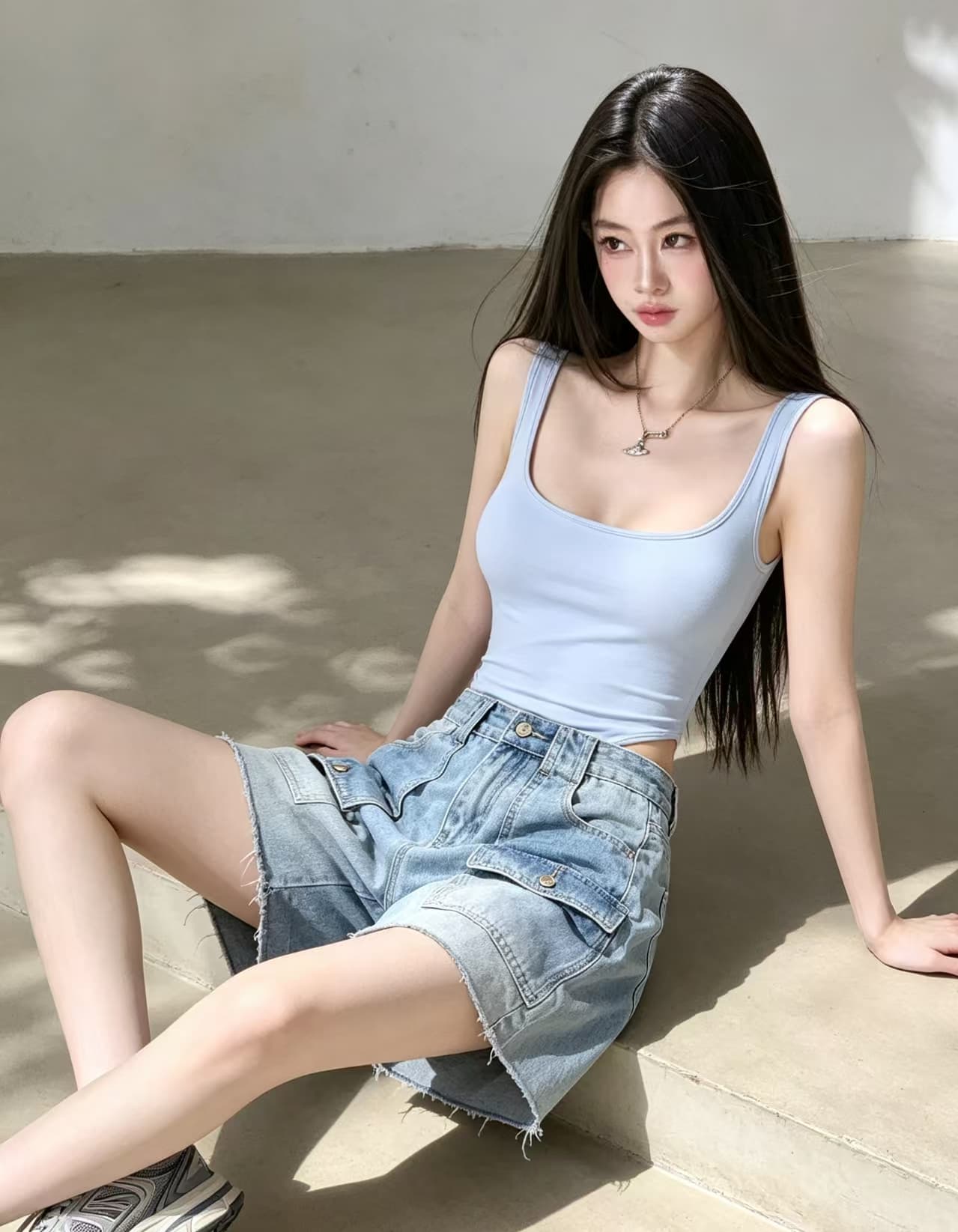 실사 한국 스타일 디자인 센스 기타 주머니 워크웨어 얇은 데님 반바지 여성 여름 오부 바지 스트레이트 다용도 슬림해 보이는 거친 가장자리 상세 이미지 4