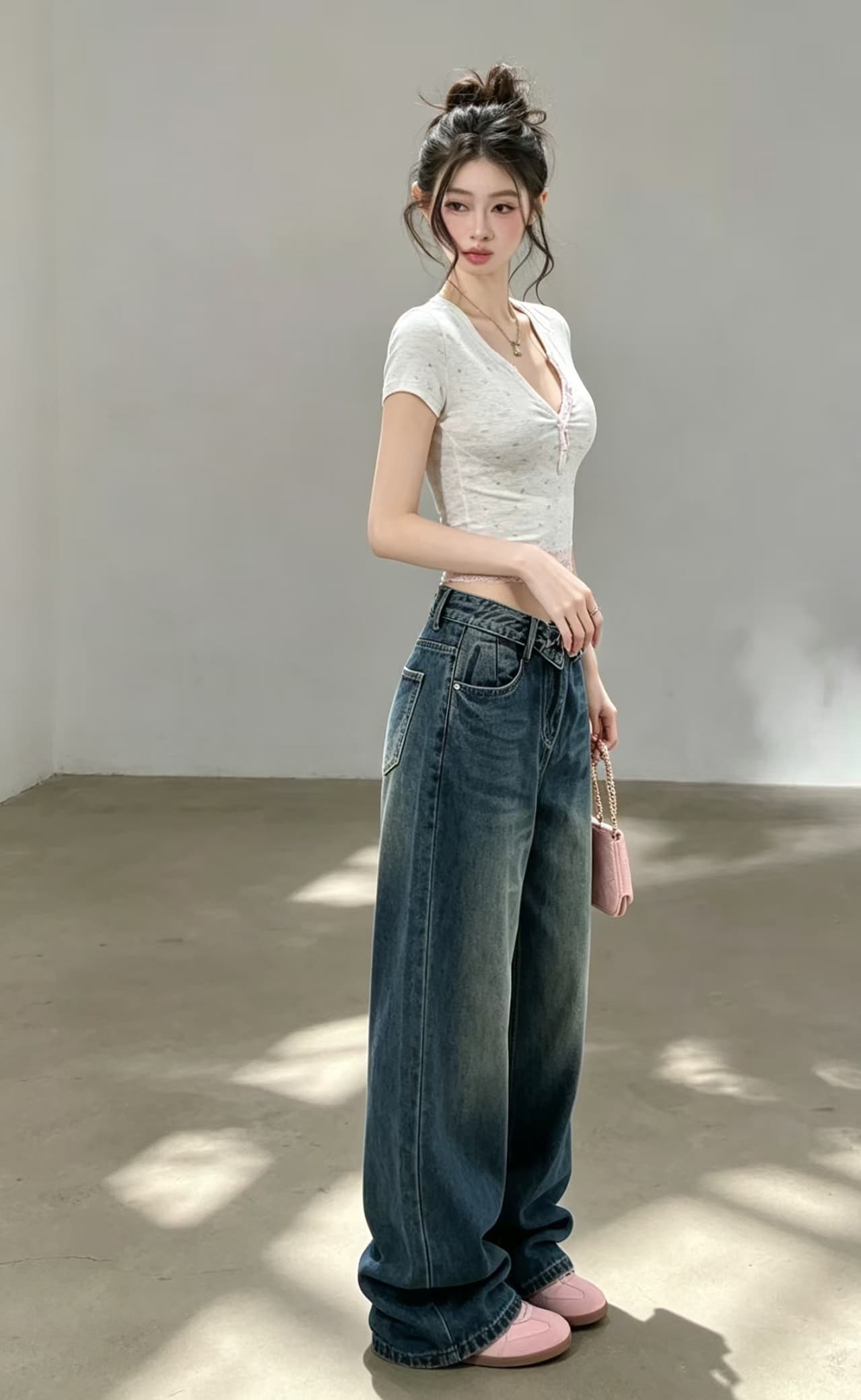 실사 한국 스타일 디자인 센스 뒤집다 허리 핫걸 청바지 여성 여름 레트로 다용도 스트레이트 루즈핏 슬림해 보이는 와이드 레그 팬츠 어린이 이미지 3