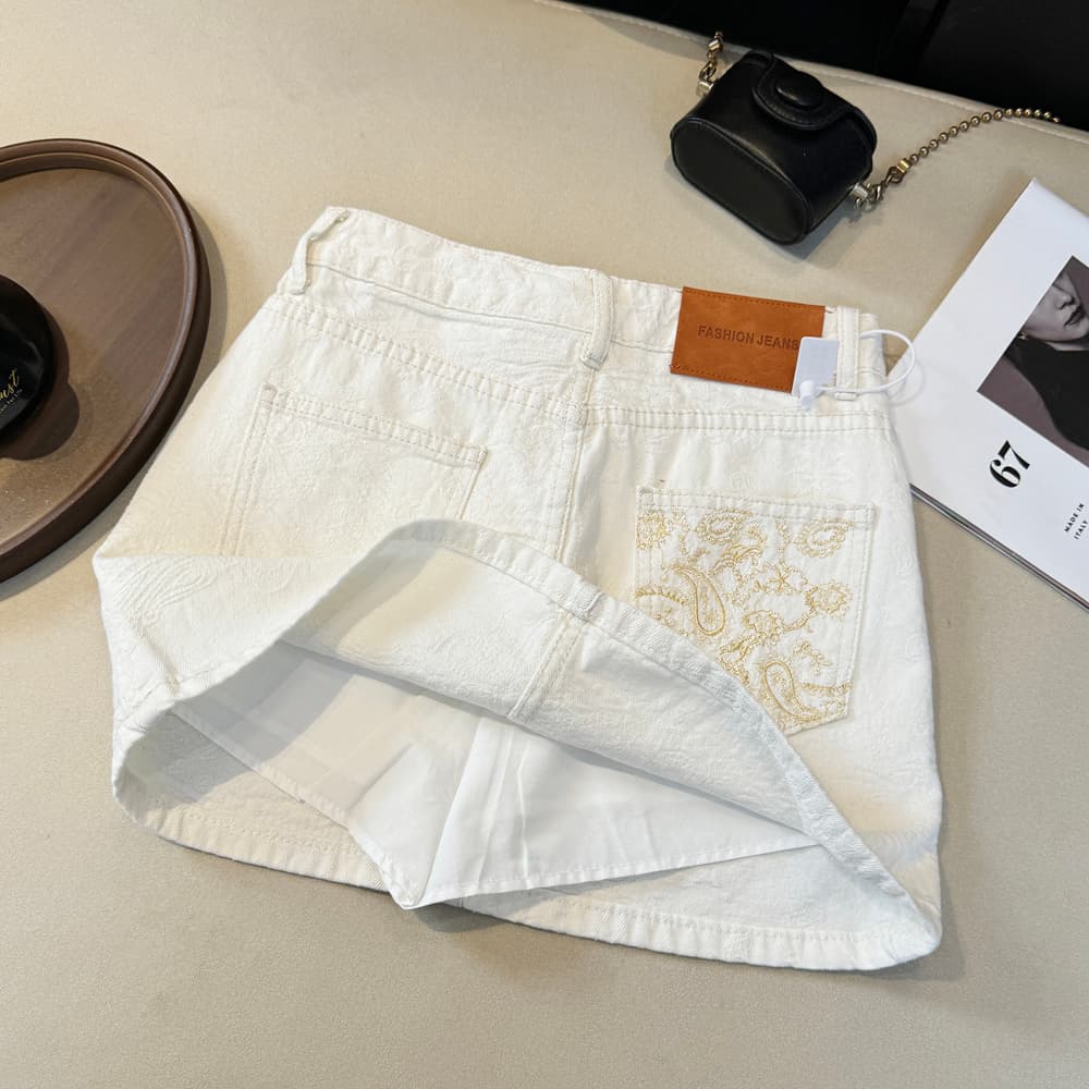 실사 한 부서 비싼 가스 디자인 센스 자수 자카드 화이트 데님 반신 스커트 여성 여름 하이웨이스트 한 마디 슬림해 보이는 미니 스커트 상세 이미지 5