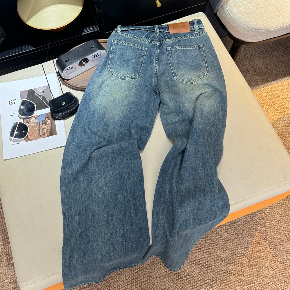 실사 한국 스타일 디자인 센스 뒤집다 허리 핫걸 청바지 여성 여름 레트로 다용도 스트레이트 루즈핏 슬림해 보이는 와이드 레그 팬츠 어린이 상세 이미지 3