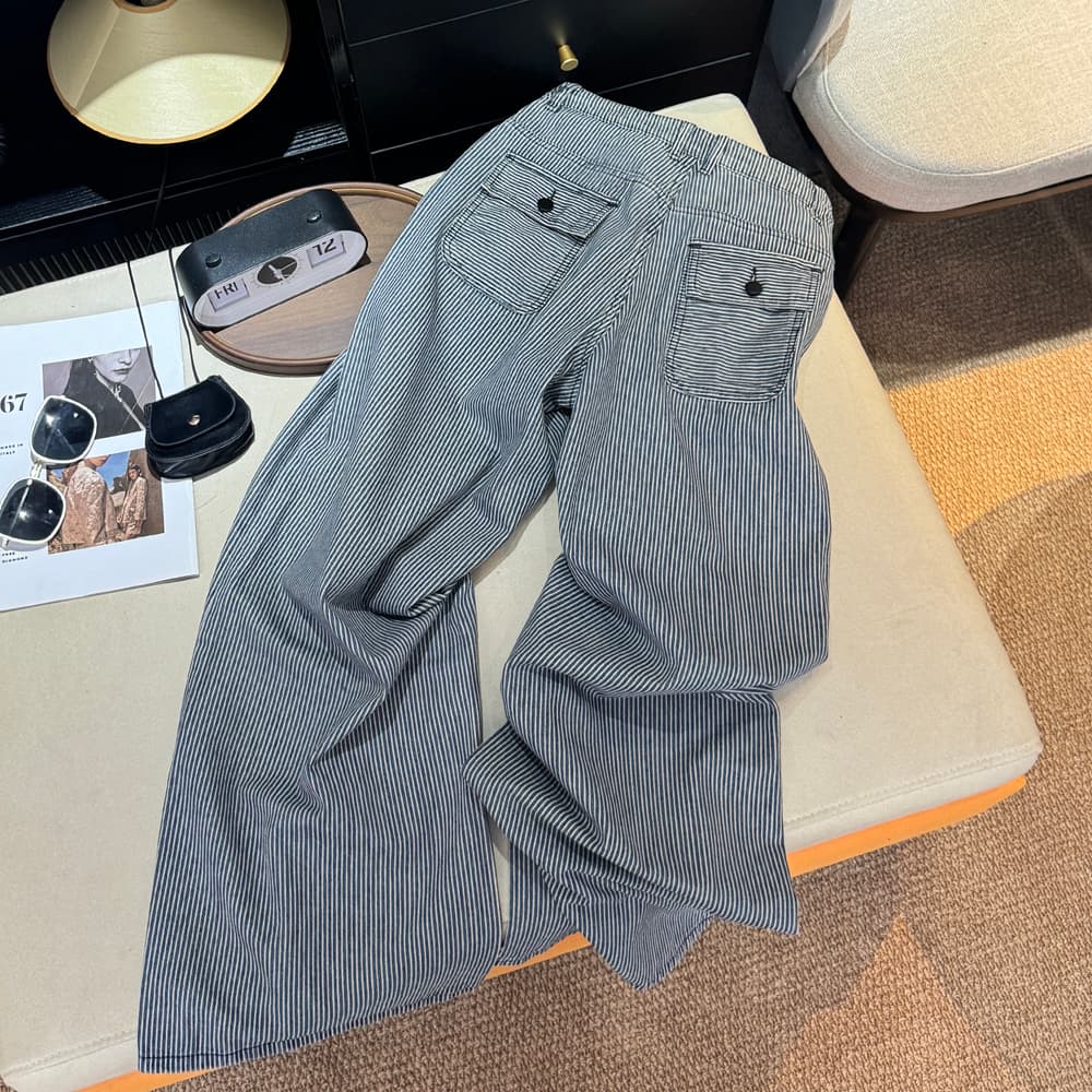 실사 빅 포켓 데님 블루 핀 스트라이프 슬림해 보이는 데님 긴 바지 여성 오래된 돈 바람 하이웨이스트 스트레이트 캐주얼 바지 한 상세 이미지 6