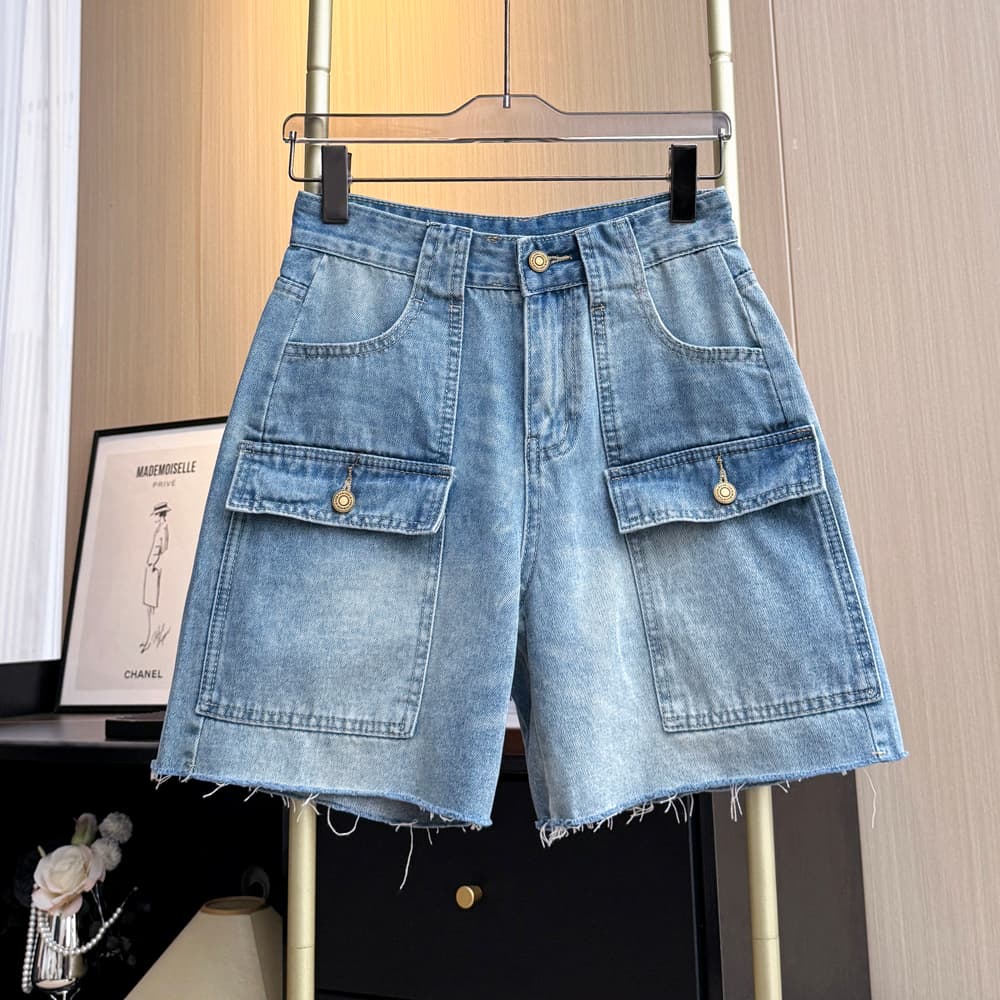 실사 한국 스타일 디자인 센스 기타 주머니 워크웨어 얇은 데님 반바지 여성 여름 오부 바지 스트레이트 다용도 슬림해 보이는 거친 가장자리 상세 이미지 14
