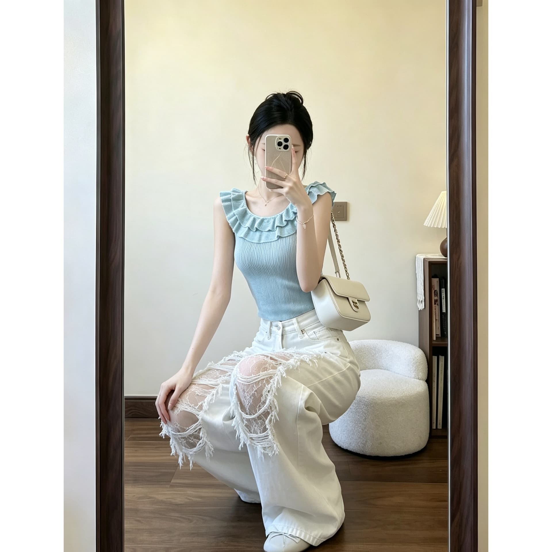 실사 한국 스타일 디자인 센스 워싱 찢어진 부분 레이스 화이트 청바지 여성 여름 하이웨이스트 스트레이트 루즈핏 슬림해 보이는 넓은 다리 이미지 6
