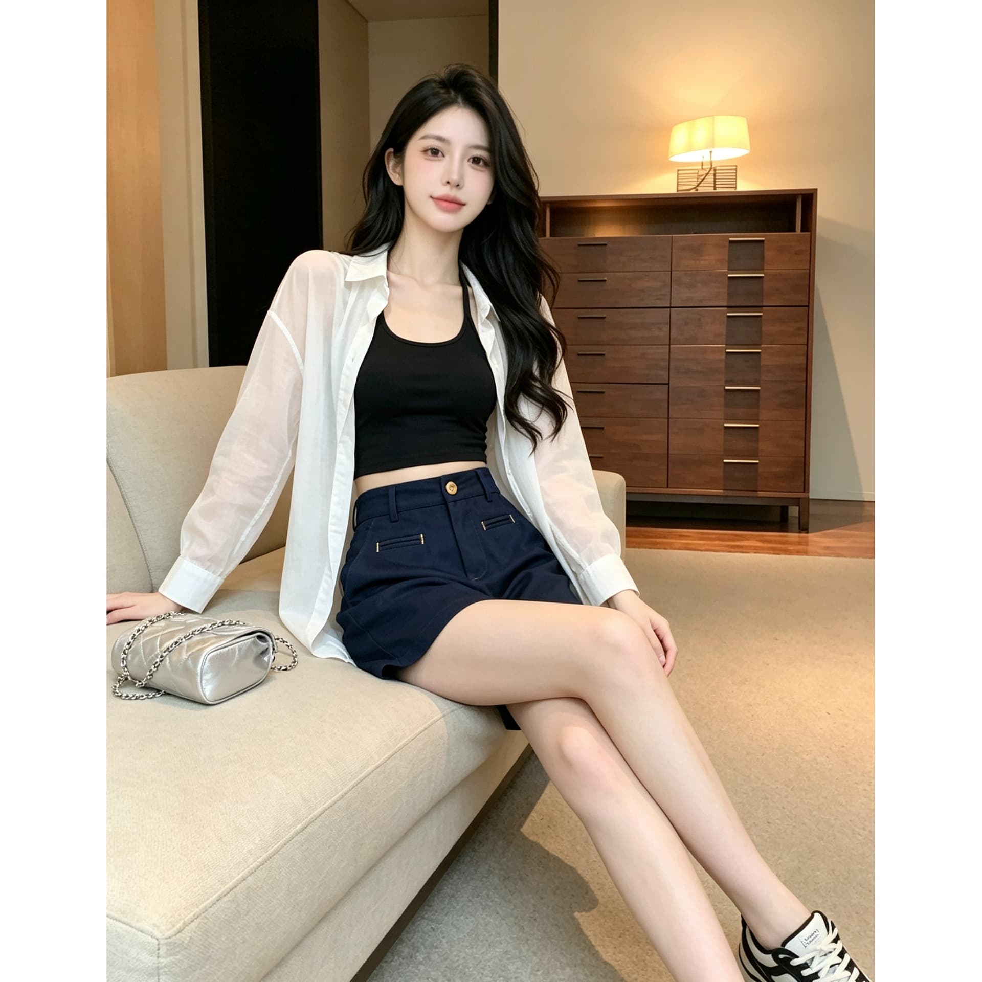 실사 해군 짜임 주머니 디자인 센스 아마 반바지 여성 언더 하이웨이스트 캐주얼 레트로 슬림해 보이는 와이드 레그 팬츠 어린이 이미지 6