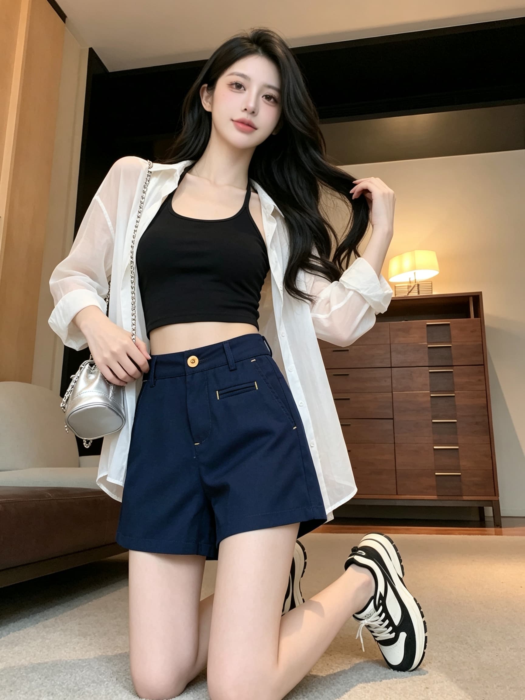 실사 해군 짜임 주머니 디자인 센스 아마 반바지 여성 언더 하이웨이스트 캐주얼 레트로 슬림해 보이는 와이드 레그 팬츠 어린이 상세 이미지 1