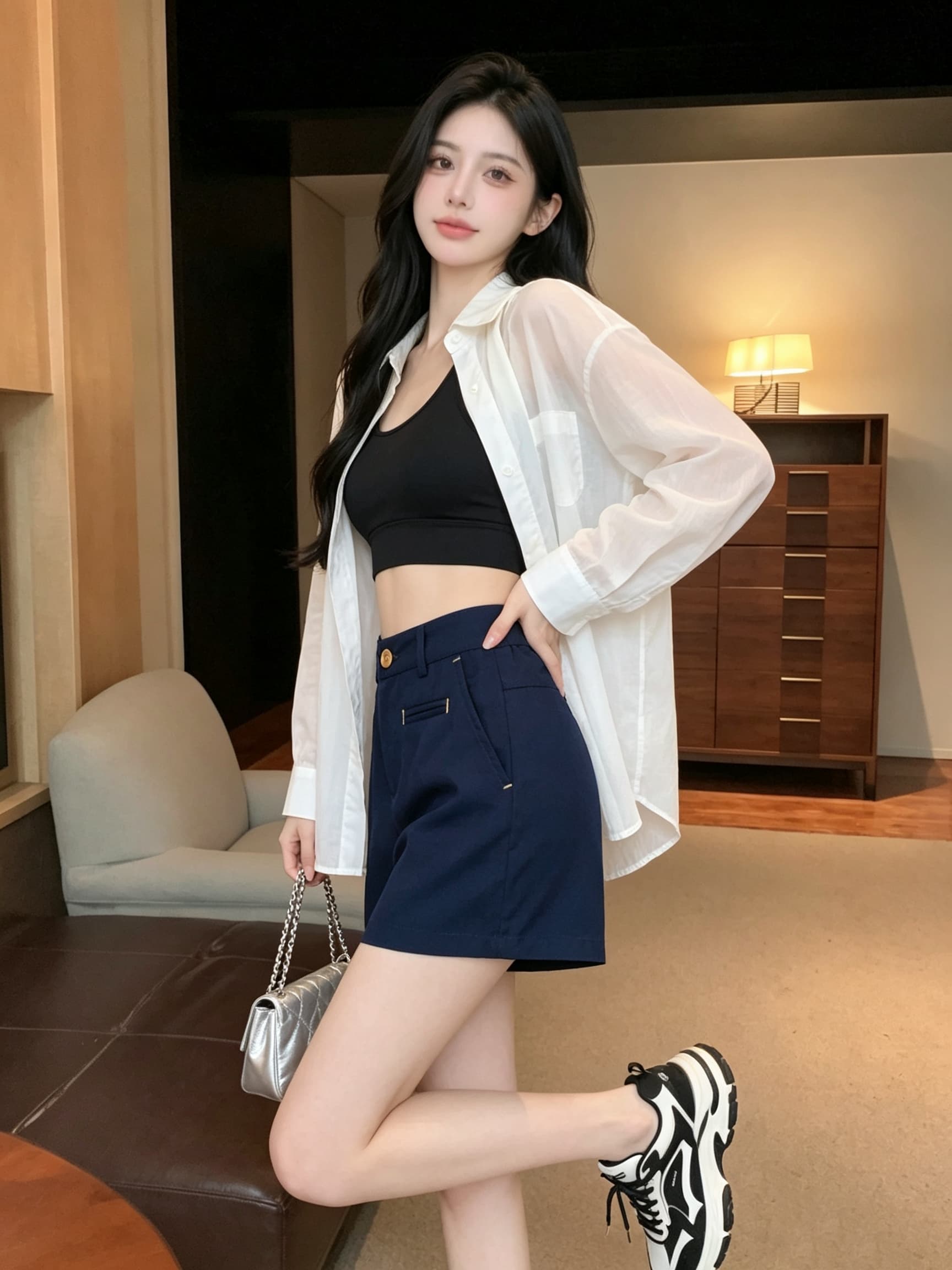 실사 해군 짜임 주머니 디자인 센스 아마 반바지 여성 언더 하이웨이스트 캐주얼 레트로 슬림해 보이는 와이드 레그 팬츠 어린이 상세 이미지 2