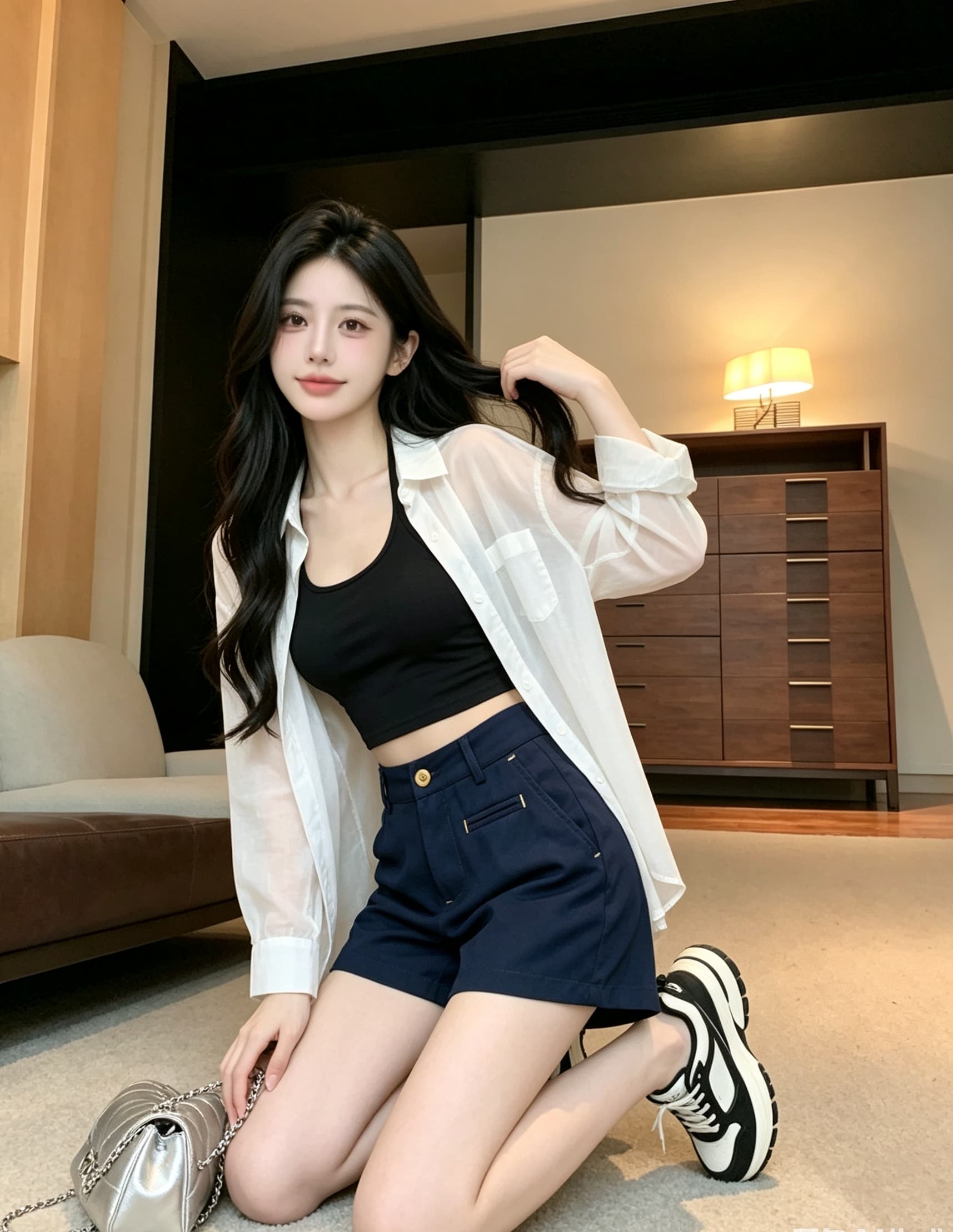실사 해군 짜임 주머니 디자인 센스 아마 반바지 여성 언더 하이웨이스트 캐주얼 레트로 슬림해 보이는 와이드 레그 팬츠 어린이 상세 이미지 3