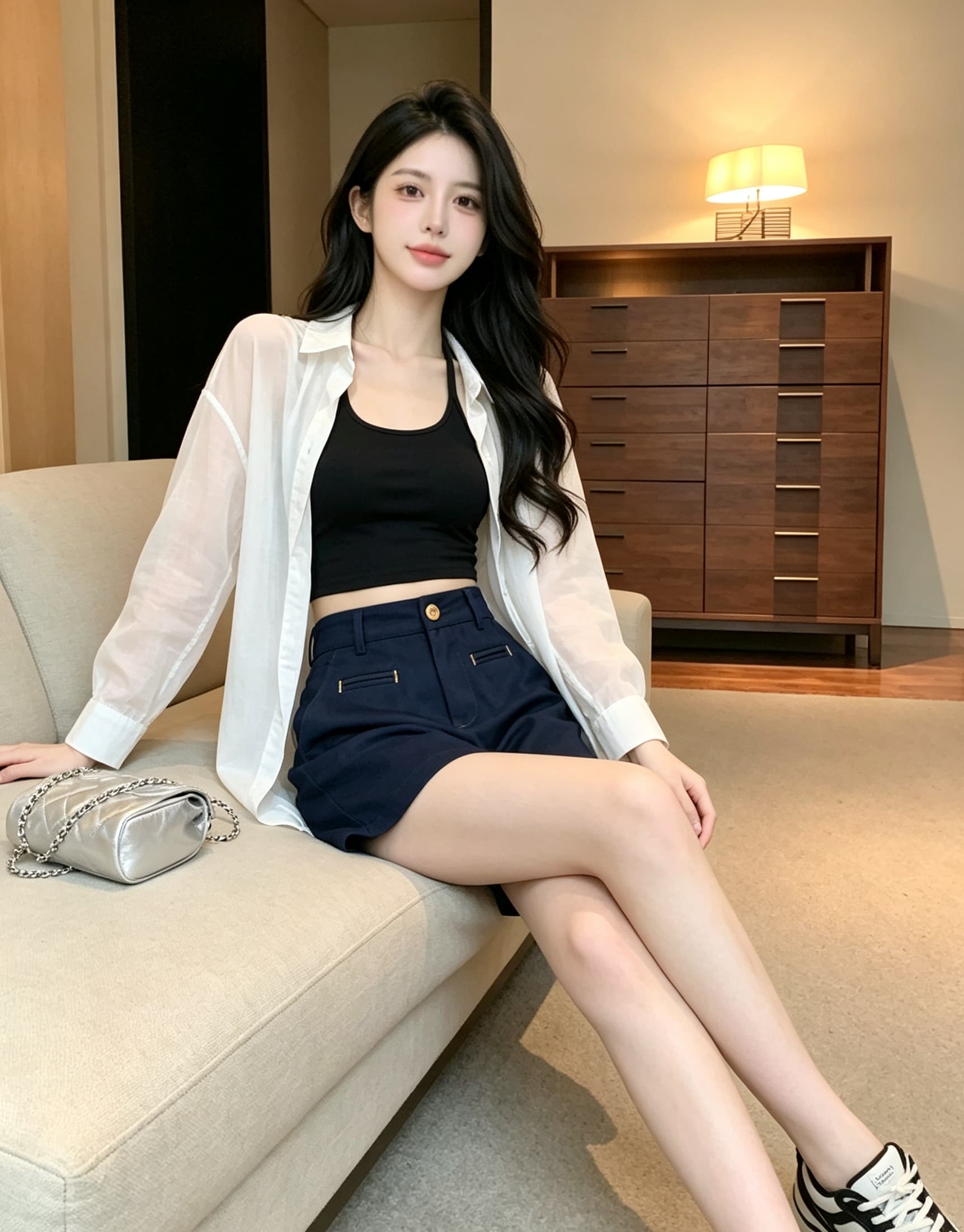 실사 해군 짜임 주머니 디자인 센스 아마 반바지 여성 언더 하이웨이스트 캐주얼 레트로 슬림해 보이는 와이드 레그 팬츠 어린이 상세 이미지 4