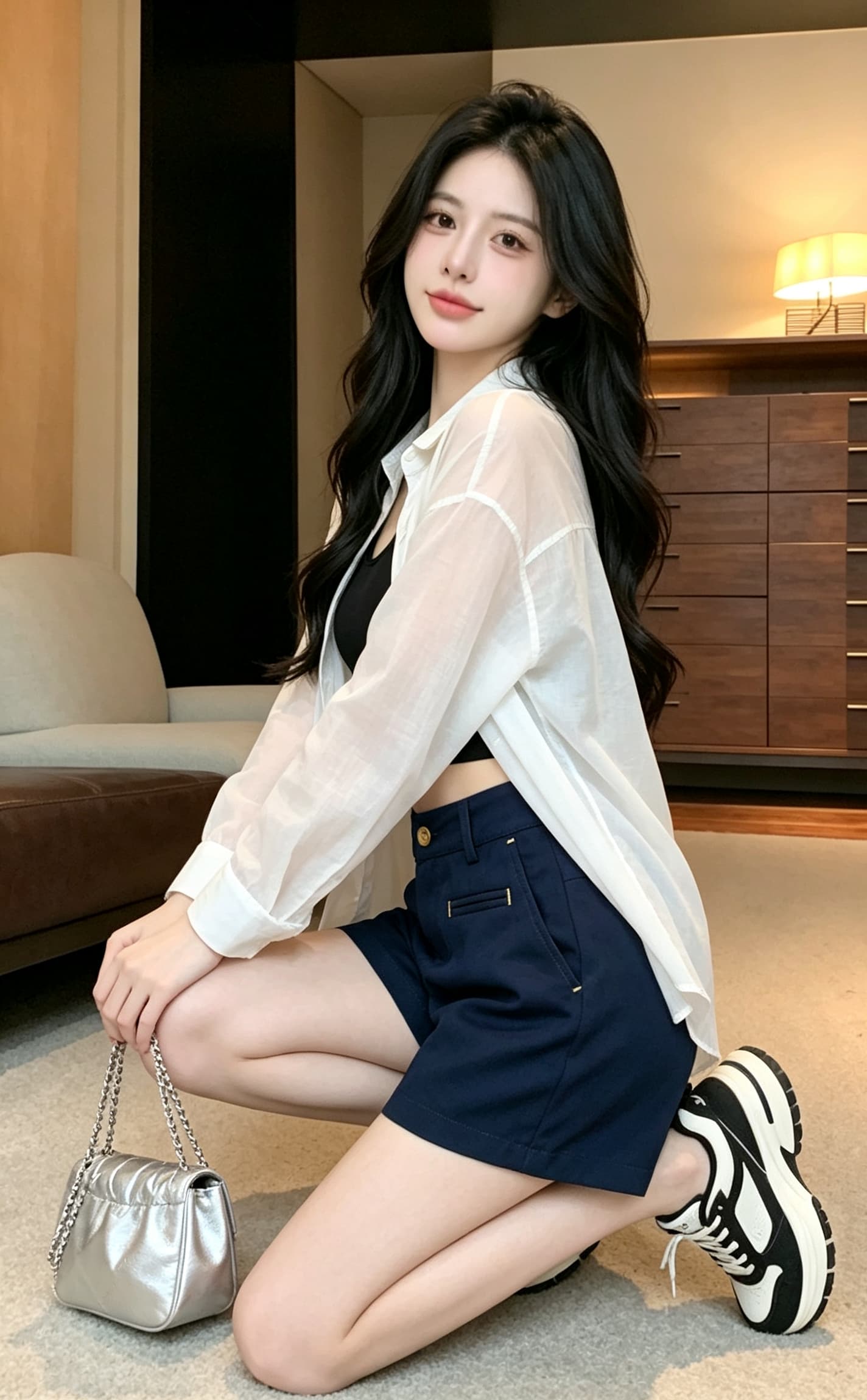 실사 해군 짜임 주머니 디자인 센스 아마 반바지 여성 언더 하이웨이스트 캐주얼 레트로 슬림해 보이는 와이드 레그 팬츠 어린이 상세 이미지 5
