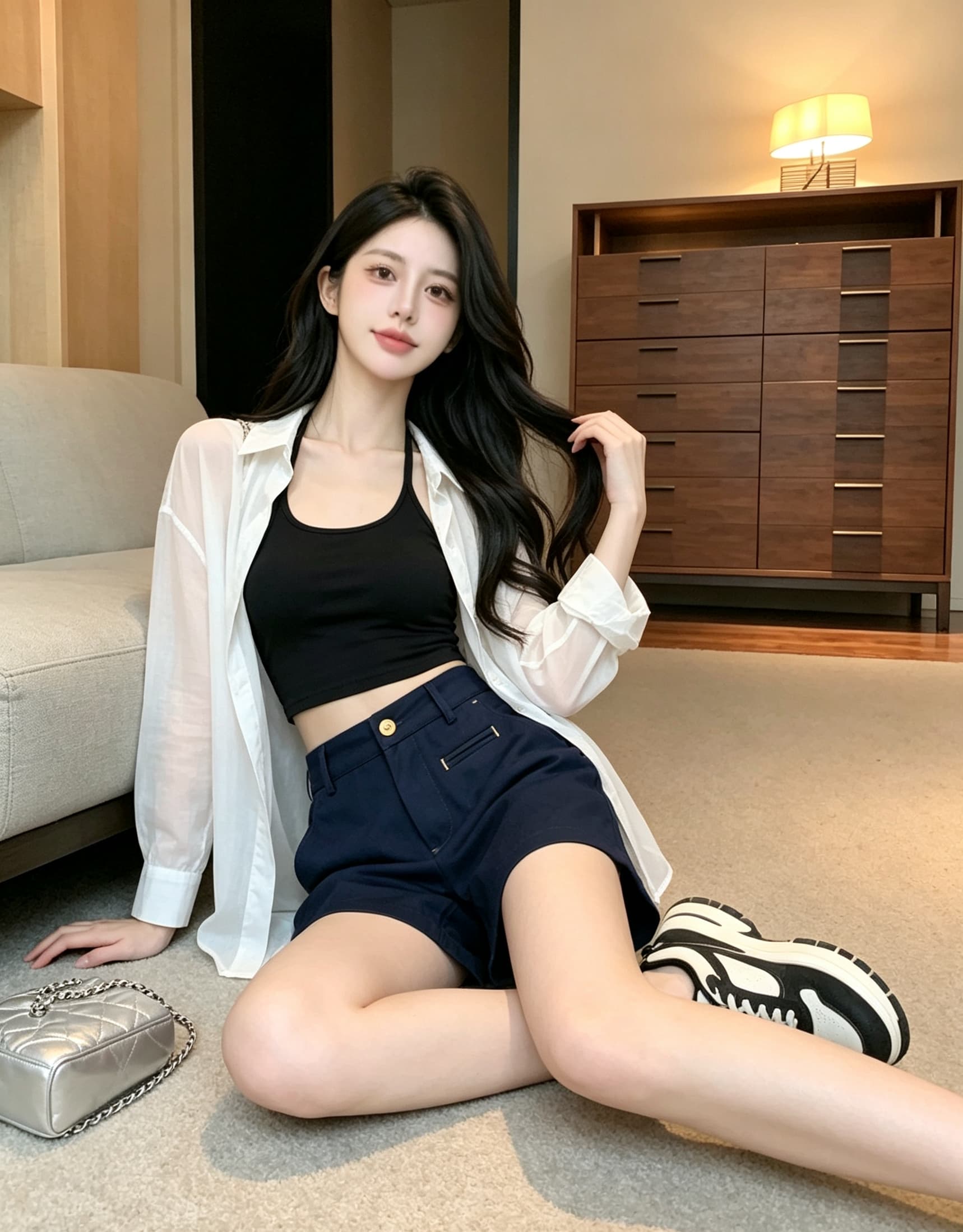 실사 해군 짜임 주머니 디자인 센스 아마 반바지 여성 언더 하이웨이스트 캐주얼 레트로 슬림해 보이는 와이드 레그 팬츠 어린이 상세 이미지 6
