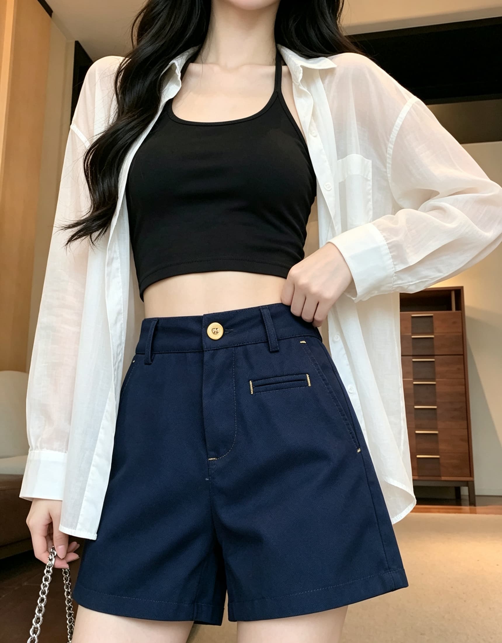 실사 해군 짜임 주머니 디자인 센스 아마 반바지 여성 언더 하이웨이스트 캐주얼 레트로 슬림해 보이는 와이드 레그 팬츠 어린이 상세 이미지 9