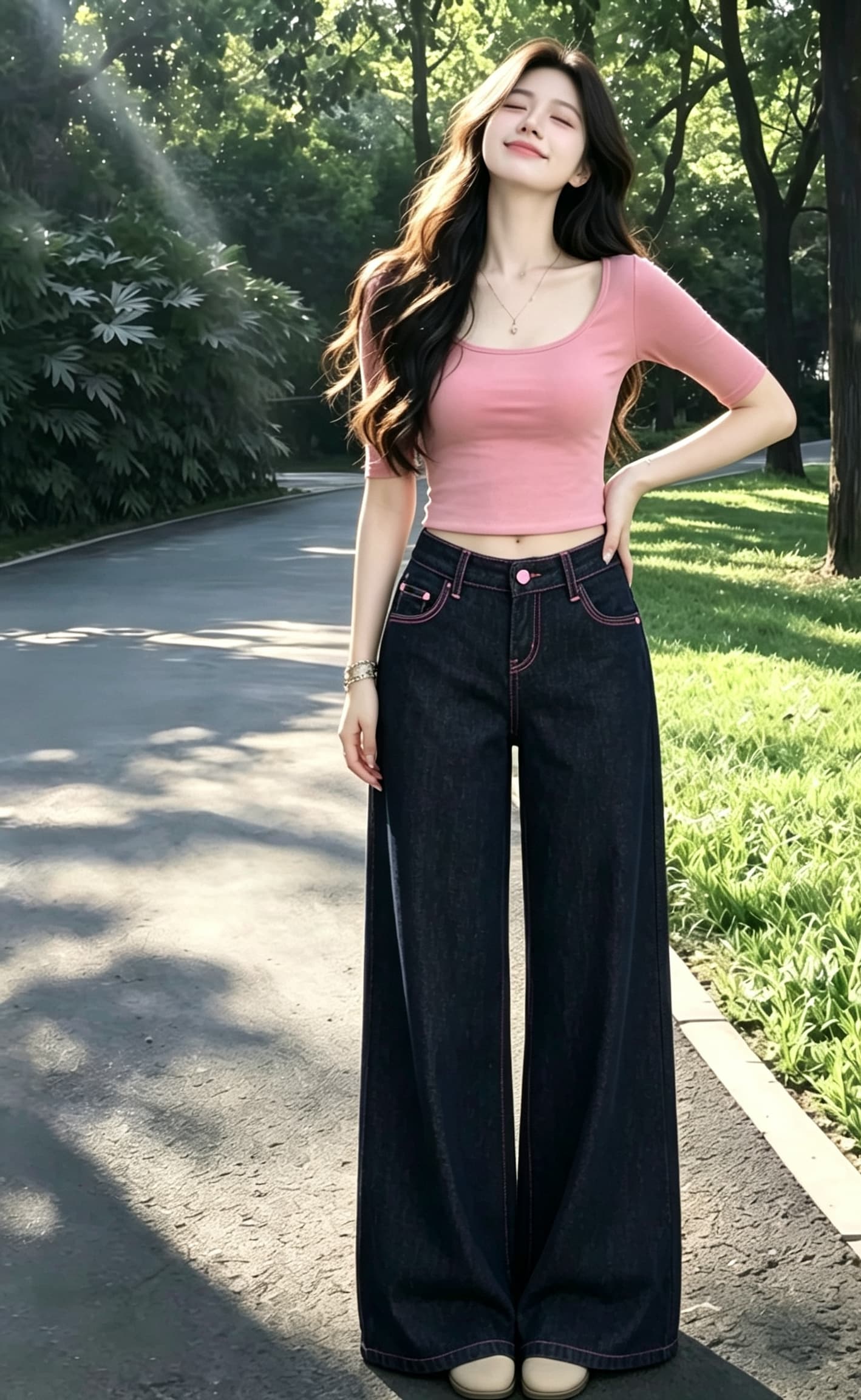 실사 한국 스타일 디자인 센스 원본 암소 토너 표준 핑크색 선 레트로 넓은 다리 데님 긴 바지 여성 스트레이트 바닥 청소 바지