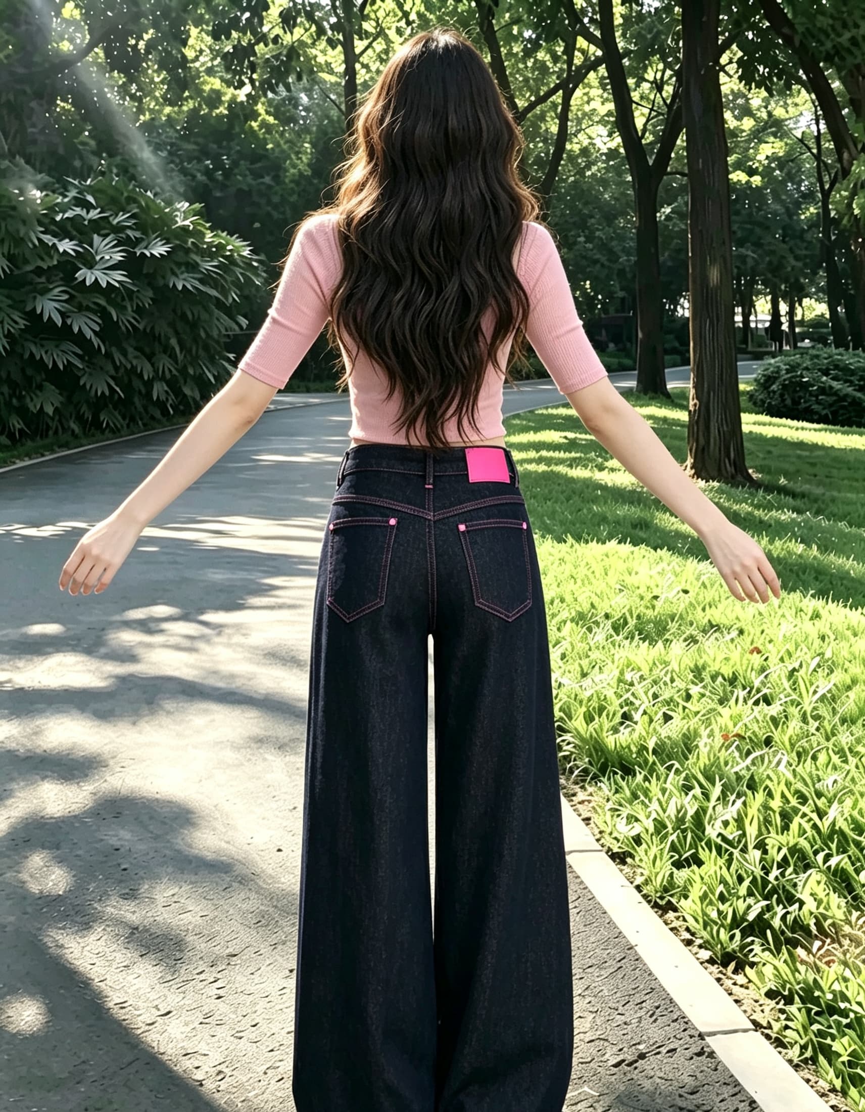 실사 한국 스타일 디자인 센스 원본 암소 토너 표준 핑크색 선 레트로 넓은 다리 데님 긴 바지 여성 스트레이트 바닥 청소 바지 이미지 4