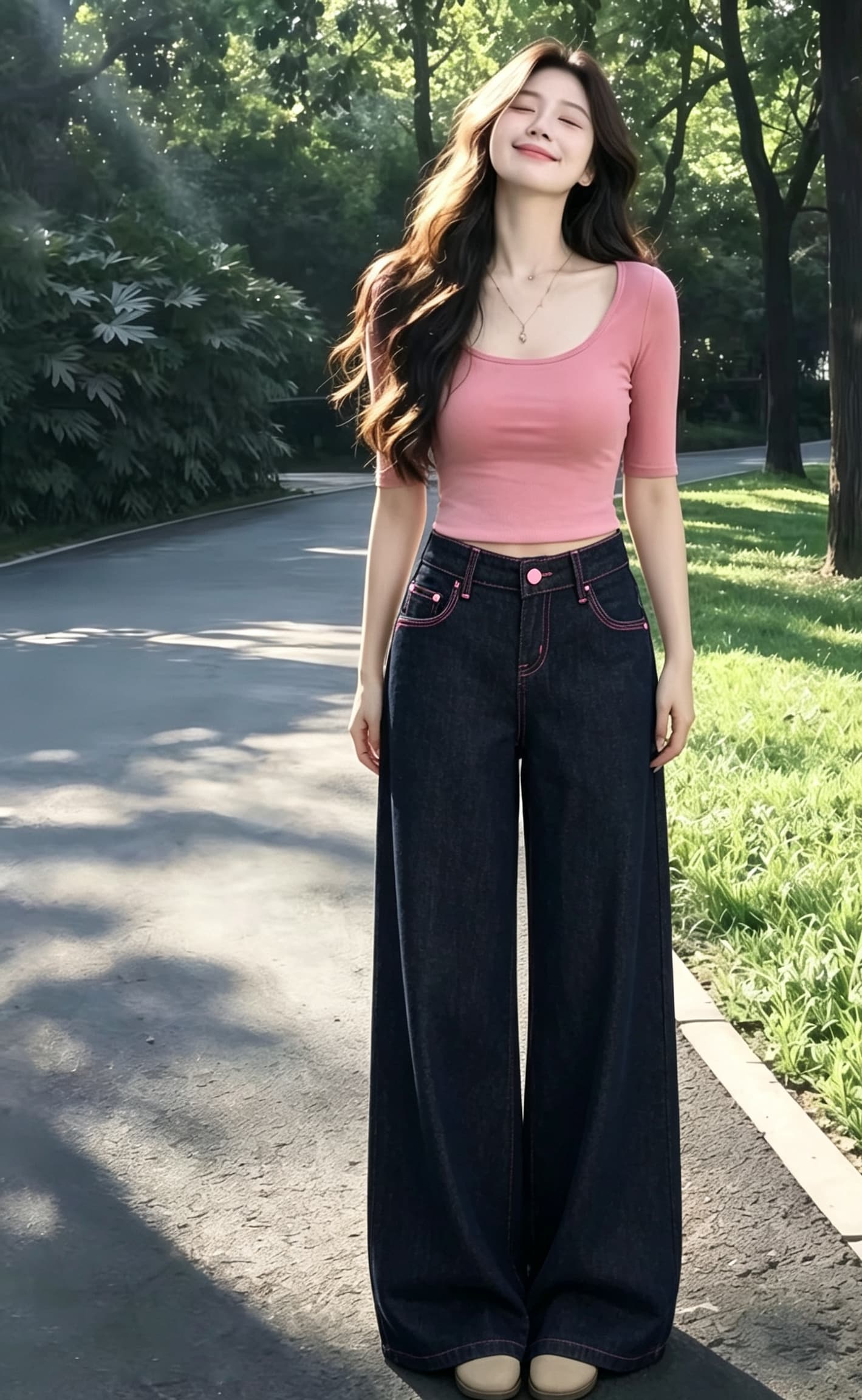 실사 한국 스타일 디자인 센스 원본 암소 토너 표준 핑크색 선 레트로 넓은 다리 데님 긴 바지 여성 스트레이트 바닥 청소 바지 상세 이미지 1