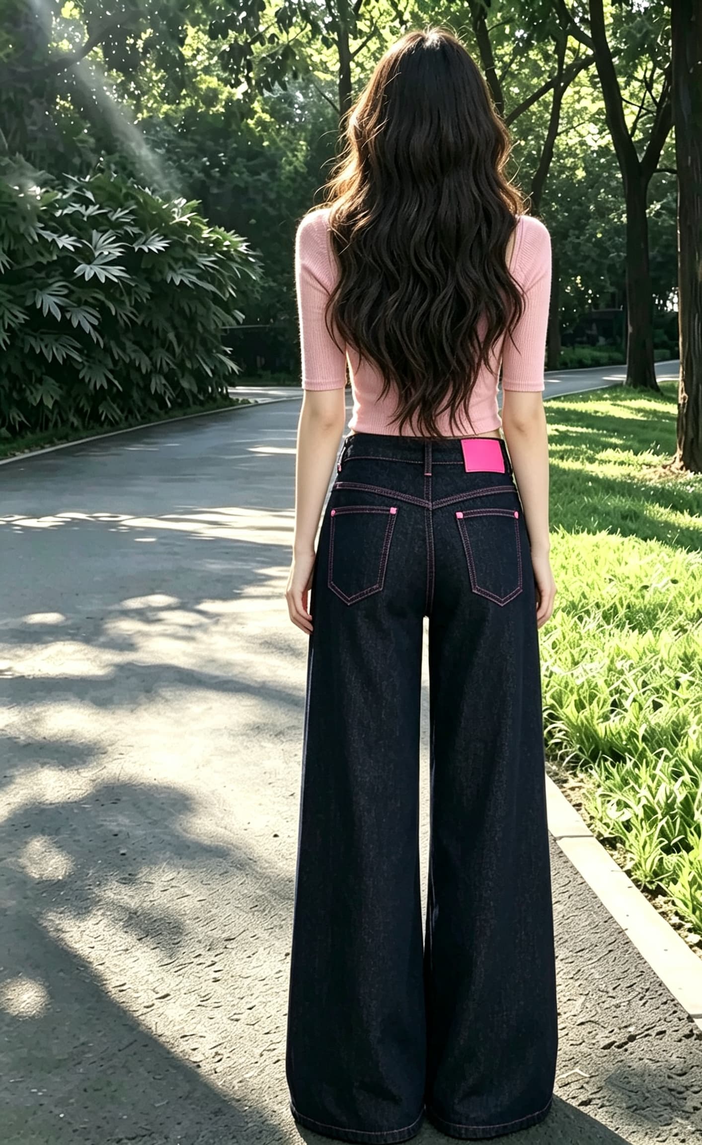 실사 한국 스타일 디자인 센스 원본 암소 토너 표준 핑크색 선 레트로 넓은 다리 데님 긴 바지 여성 스트레이트 바닥 청소 바지 상세 이미지 4