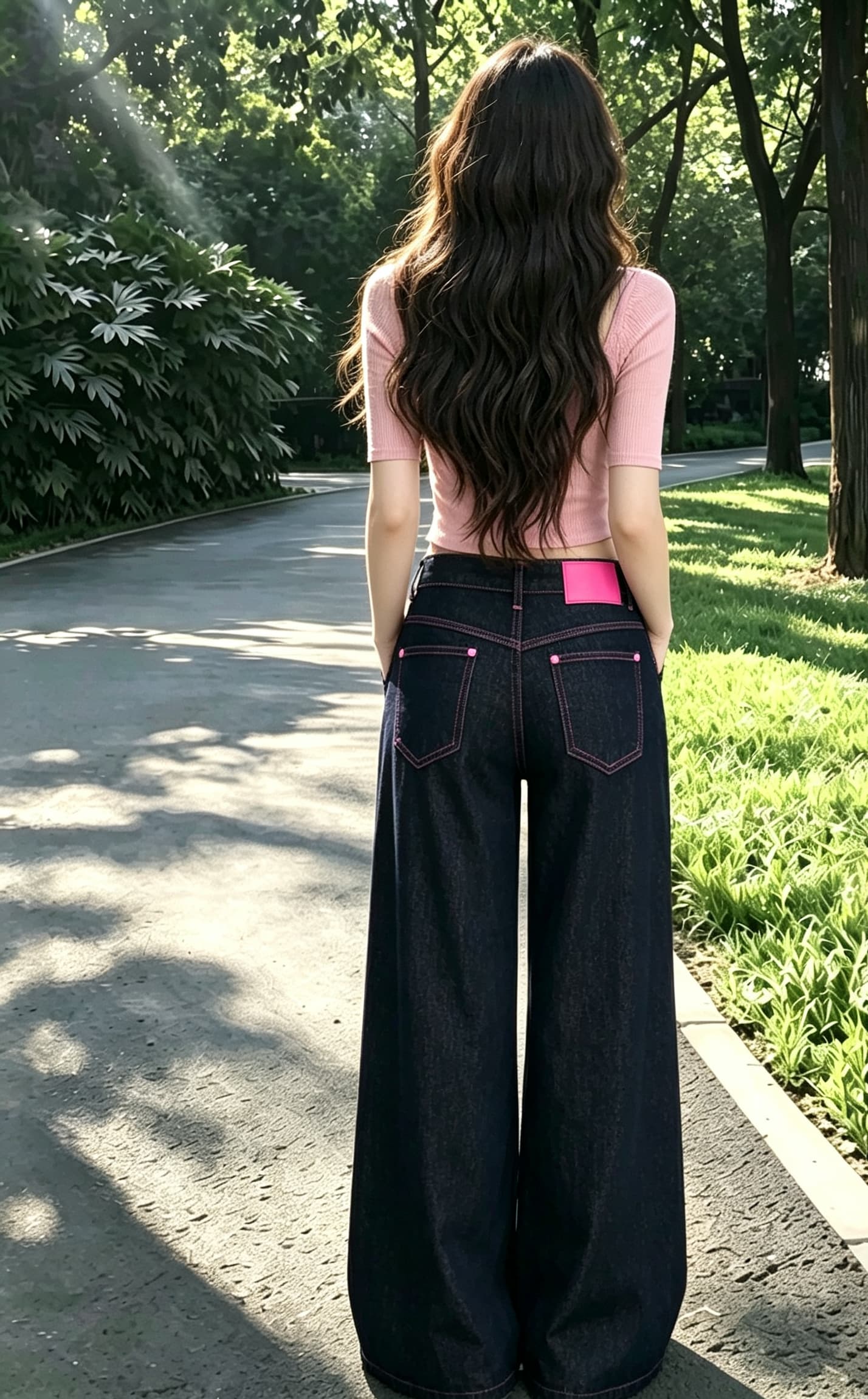 실사 한국 스타일 디자인 센스 원본 암소 토너 표준 핑크색 선 레트로 넓은 다리 데님 긴 바지 여성 스트레이트 바닥 청소 바지 상세 이미지 6