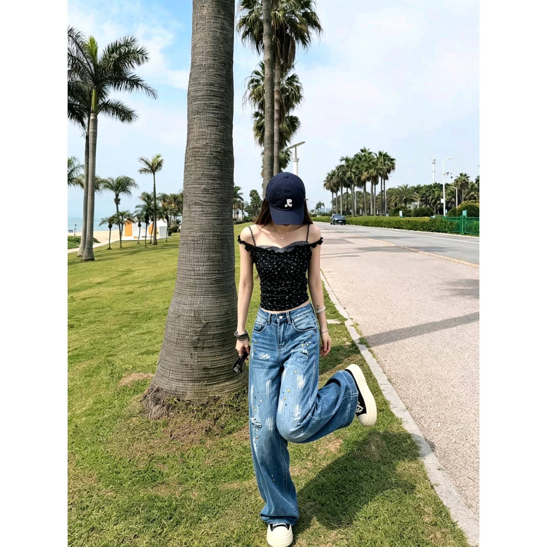 실사 워싱 튀김 페인트 낙서 수공 비즈 박기 좁은 에디션 스트레이트 와이드 레그 팬츠 아메리칸 청바지 여성 하이웨이스트 슬림해 보이는 이미지 6