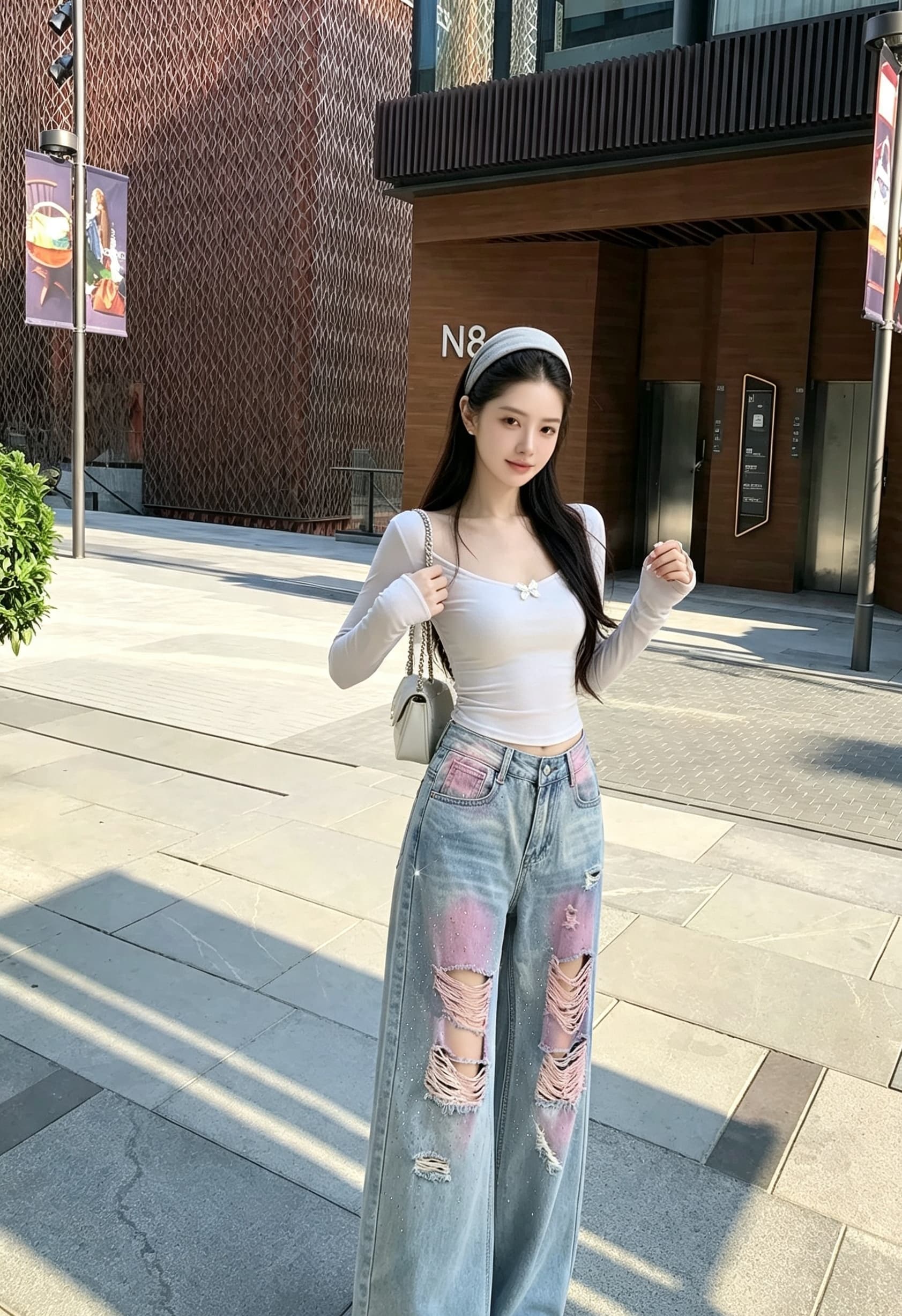 실사 아메리칸 헤일로 염색 아가미 적색 분말 찢어진 부분 핫픽스 청바지 여성 하이웨이스트 스트레이트 루즈핏 슬림해 보이는 넓은 다리 길이 바지 이미지 5