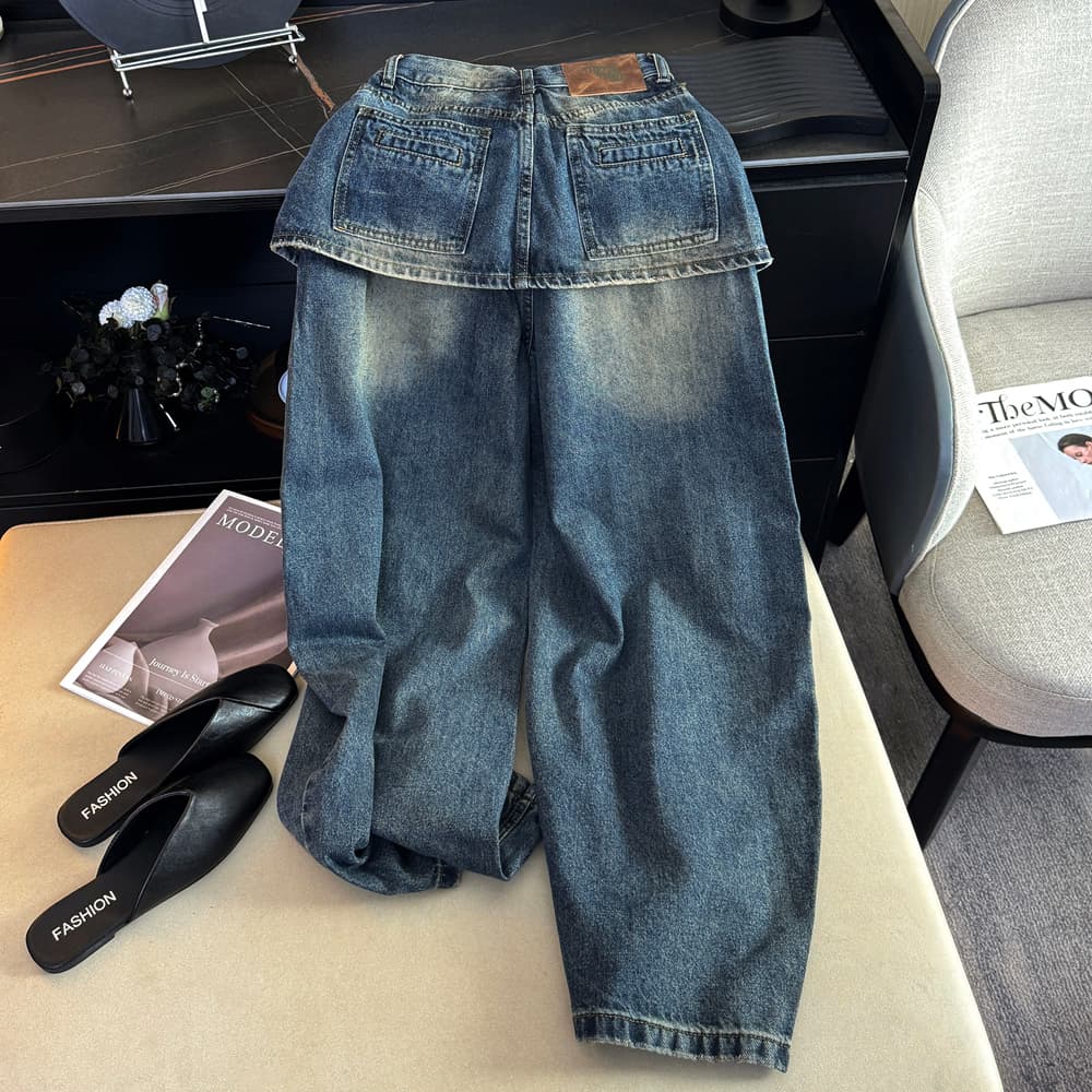 실사 디자인 센스 페이크 레이어드 방귀 커튼 아메리칸 핫걸 청바지 여성 하이웨이스트 스트레이트 루즈핏 슬림해 보이는 넓은 다리 길이 바지 이미지 4