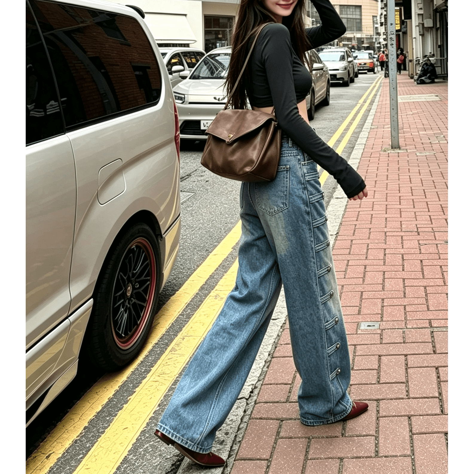 실사 레트로 단추 다리 바지 디자인 센스 나폴레옹 청바지 여성 하이웨이스트 스트레이트 루즈핏 슬림해 보이는 롱 바지 트렌디 이미지 6