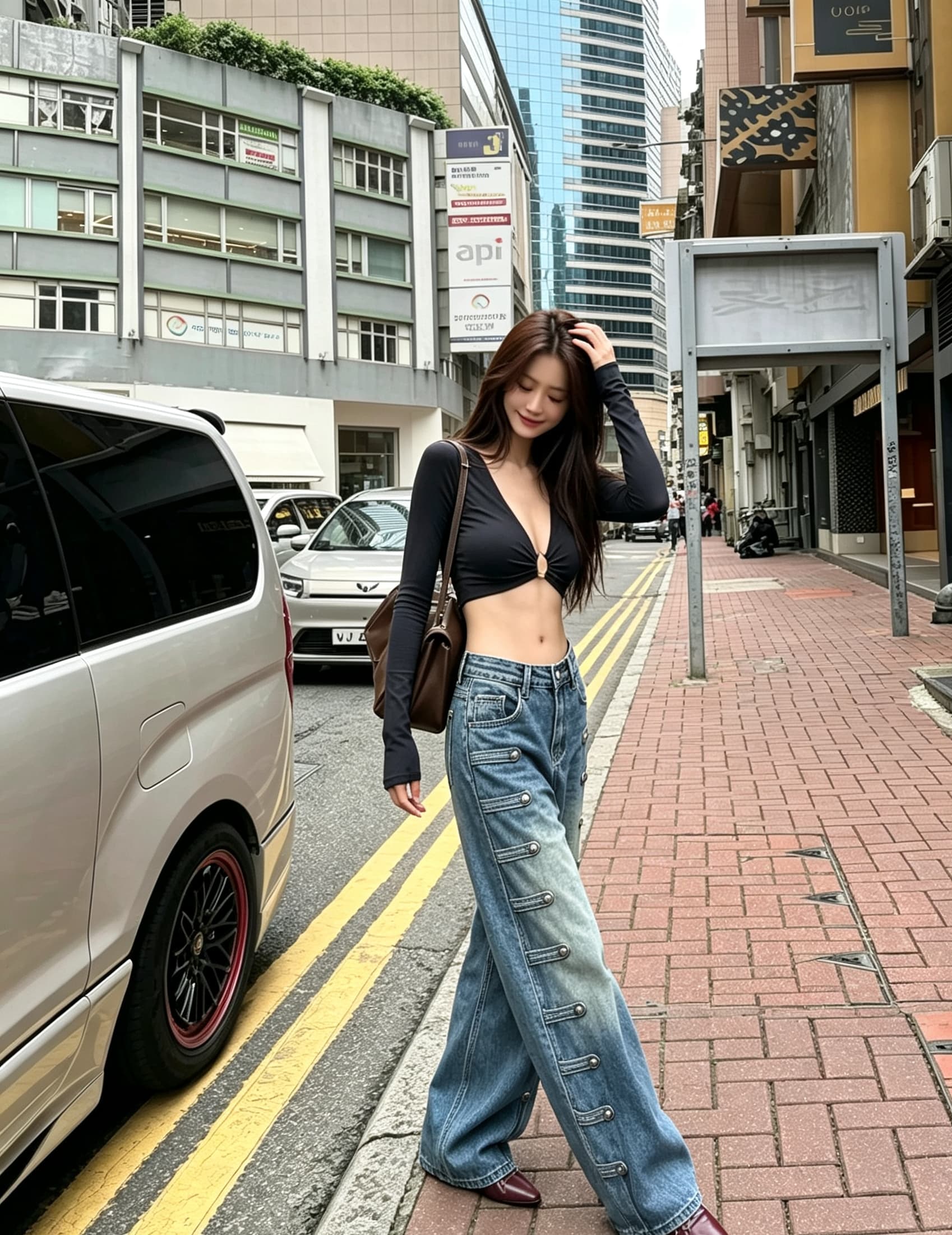 실사 레트로 단추 다리 바지 디자인 센스 나폴레옹 청바지 여성 하이웨이스트 스트레이트 루즈핏 슬림해 보이는 롱 바지 트렌디 상세 이미지 4