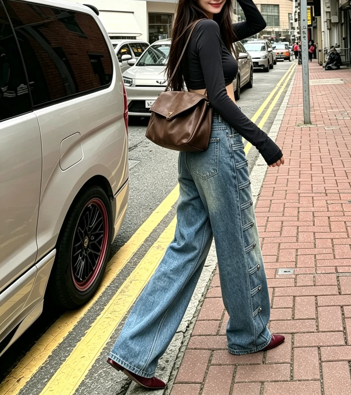 실사 레트로 단추 다리 바지 디자인 센스 나폴레옹 청바지 여성 하이웨이스트 스트레이트 루즈핏 슬림해 보이는 롱 바지 트렌디 상세 이미지 8