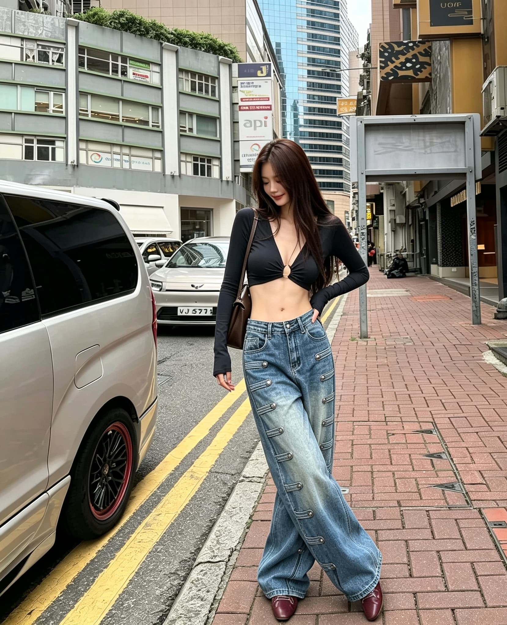 실사 레트로 단추 다리 바지 디자인 센스 나폴레옹 청바지 여성 하이웨이스트 스트레이트 루즈핏 슬림해 보이는 롱 바지 트렌디 상세 이미지 9
