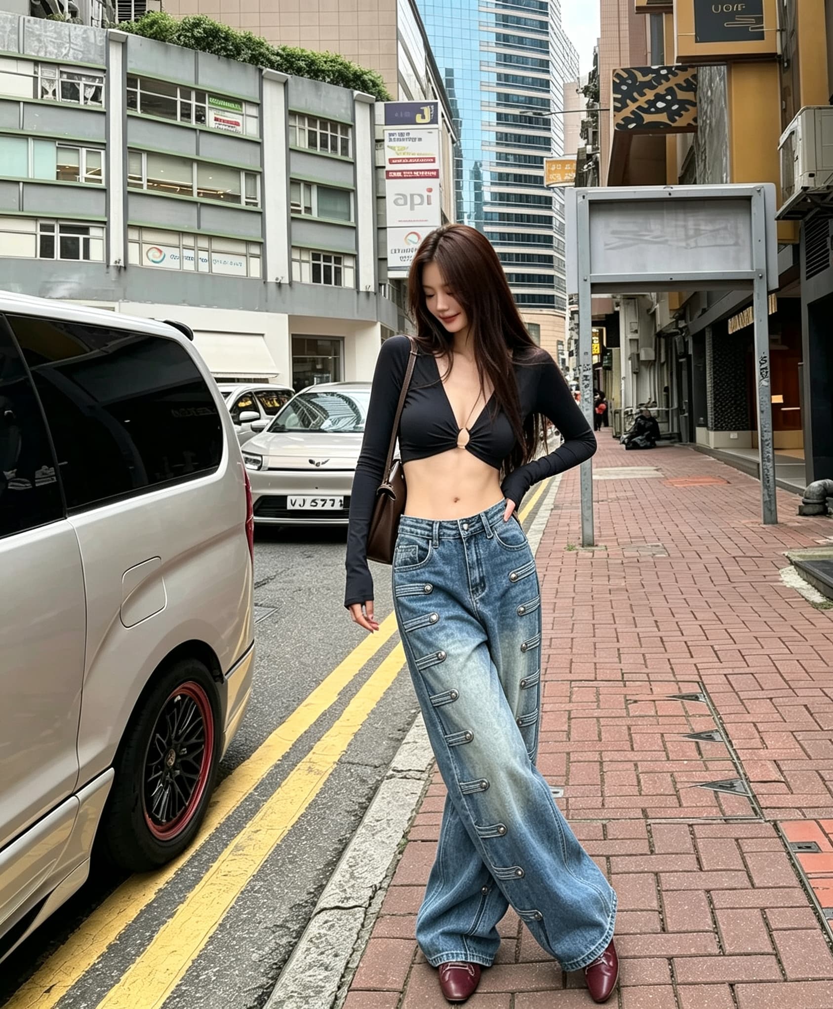실사 레트로 단추 다리 바지 디자인 센스 나폴레옹 청바지 여성 하이웨이스트 스트레이트 루즈핏 슬림해 보이는 롱 바지 트렌디 상세 이미지 10