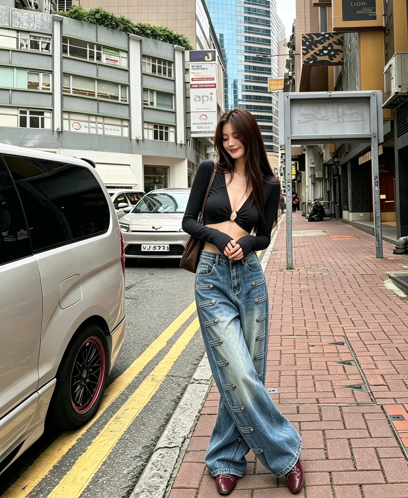 실사 레트로 단추 다리 바지 디자인 센스 나폴레옹 청바지 여성 하이웨이스트 스트레이트 루즈핏 슬림해 보이는 롱 바지 트렌디 상세 이미지 11