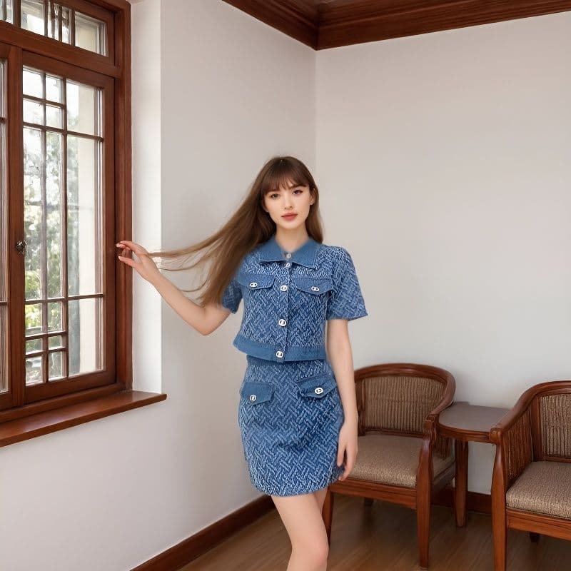 실사 데님 세트 여성 여름 2026 새로운 튀김 거리 POLO 칼라 반팔 맨위 하이웨이스트 반신 스커트 투피스 세트 상세 이미지 9