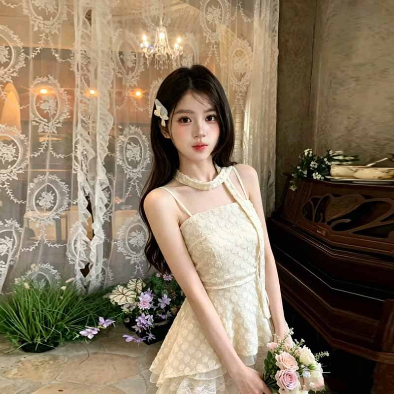 실사 2026 여름 새로운 디자인 센스 작은 대중 패션 슬립 맨위 작은 키 레이스 케이크 드레스 투피스 세트 상세 이미지 5