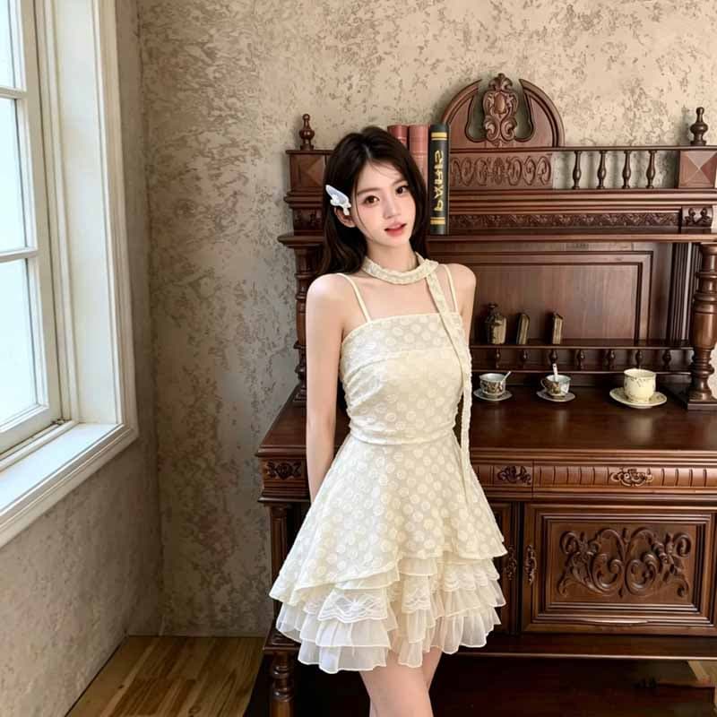 실사 2026 여름 새로운 디자인 센스 작은 대중 패션 슬립 맨위 작은 키 레이스 케이크 드레스 투피스 세트 상세 이미지 9