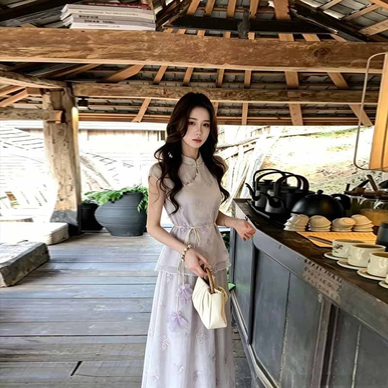 실사 새로운 중식 국풍 세트 여름 2026 새로운 민소매 단추 맨위 나비 반신 롱 스커트 투피스 세트 상세 이미지 2