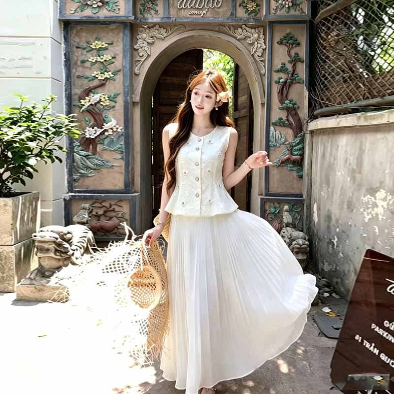 실사 고급 센스 세트 여성 여름 2026 새로운 싱글 줄 버튼 민소매 맨위 롱 코트 반신 스커트 투피스 세트 상세 이미지 3