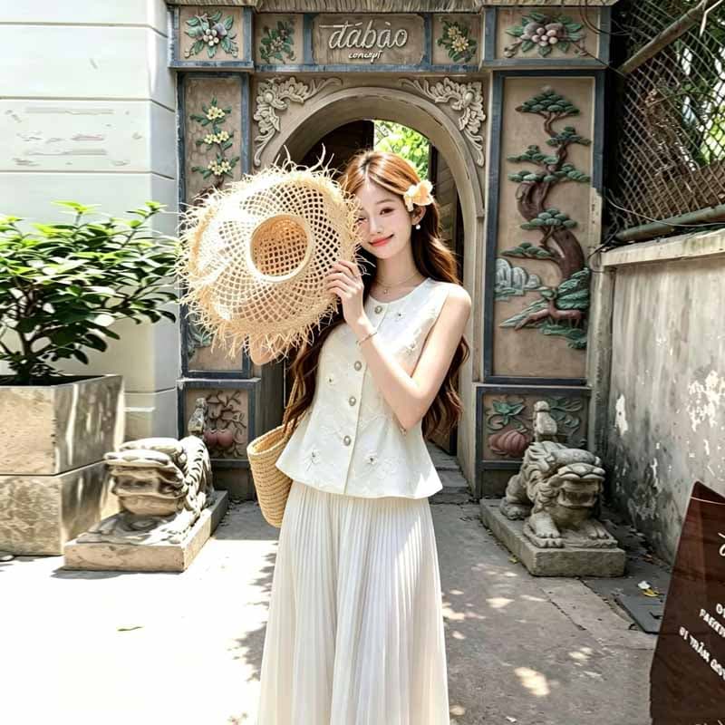 실사 고급 센스 세트 여성 여름 2026 새로운 싱글 줄 버튼 민소매 맨위 롱 코트 반신 스커트 투피스 세트 상세 이미지 5