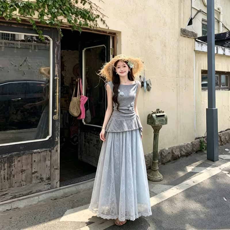 실사 느슨함 센스 세트 여름 2026 새로운 3 차원 꽃 민소매 맨위 레이스 반신 롱 스커트 투피스 세트 이미지 3