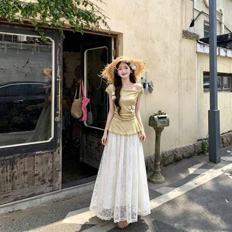 실사 느슨함 센스 세트 여름 2026 새로운 3 차원 꽃 민소매 맨위 레이스 반신 롱 스커트 투피스 세트 상세 이미지 11