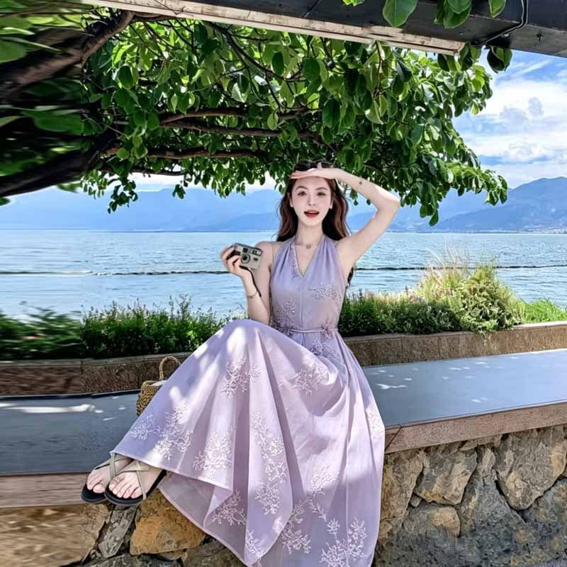 실사 2026 여름 새로운 고급 센스 여신 팬 품격 허리 수축 롱 코트 자수 민소매 V넥 드레스 상세 이미지 1
