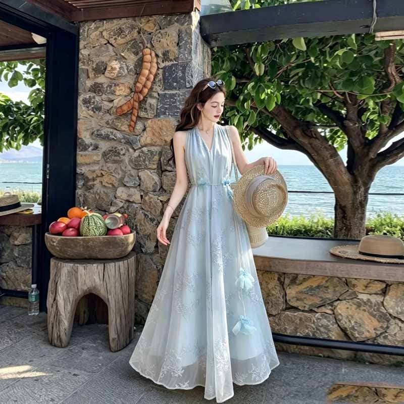 실사 2026 여름 새로운 고급 센스 여신 팬 품격 허리 수축 롱 코트 자수 민소매 V넥 드레스 상세 이미지 11