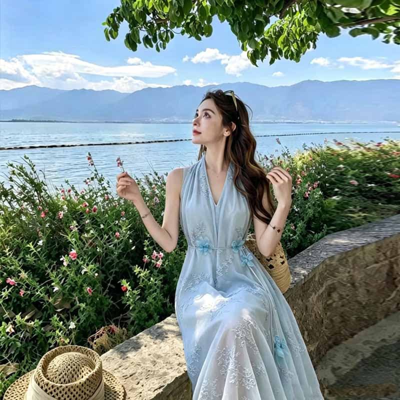 실사 2026 여름 새로운 고급 센스 여신 팬 품격 허리 수축 롱 코트 자수 민소매 V넥 드레스 상세 이미지 12