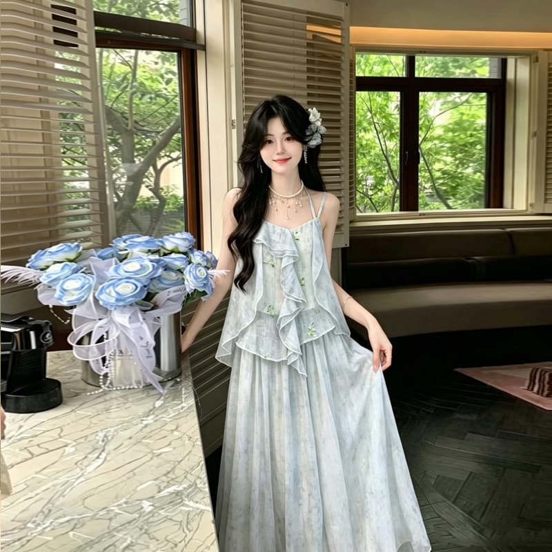 실사 2026 여름 새로운 느슨함 센스 착용 가져 가라. 휴가 바람 꽃무늬 슬립 맨위 반신 롱 스커트 두 조각 여성 세트 상세 이미지 14