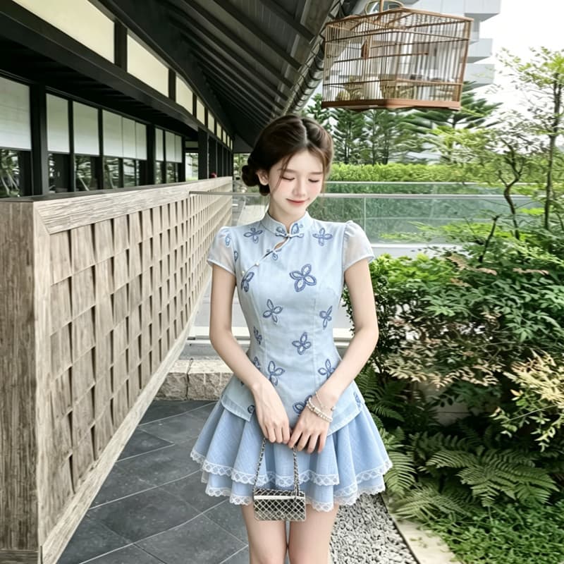 실사 새로운 중식 국풍 세트 여성 여름 2026 새로운 꽃무늬 단추 반팔 맨위 케이크 드레스 투피스 세트 상세 이미지 2