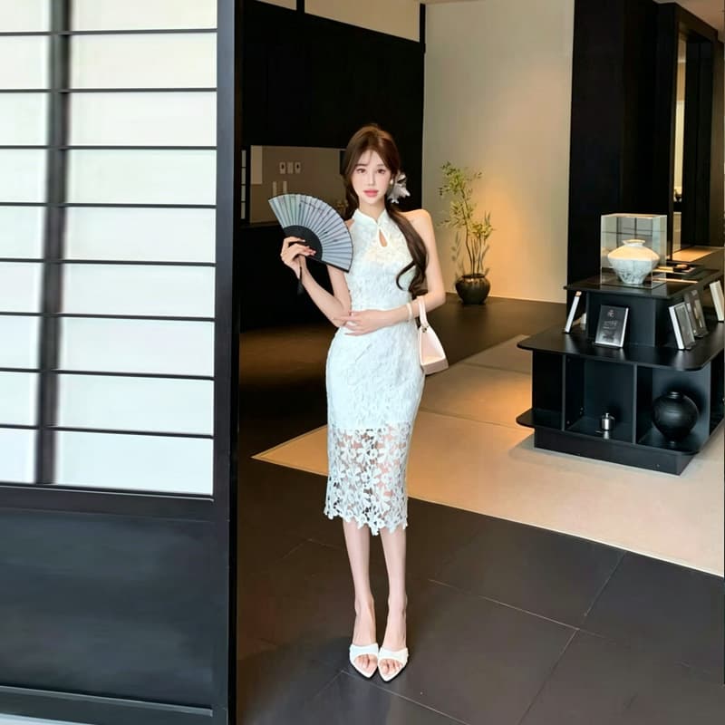 실사 2026 여름 새로운 명문 여성 섹시함 품격 오프숄더 몸매 가꾸기 홀로우 아웃 행침 목 새로운 중식 국풍 드레스 상세 이미지 6