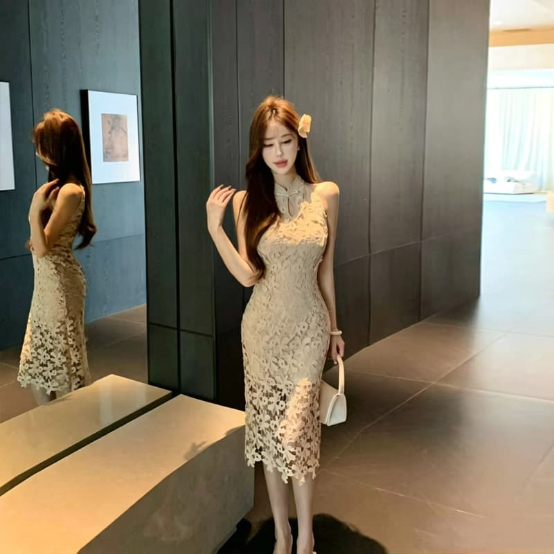 실사 2026 여름 새로운 명문 여성 섹시함 품격 오프숄더 몸매 가꾸기 홀로우 아웃 행침 목 새로운 중식 국풍 드레스 상세 이미지 9