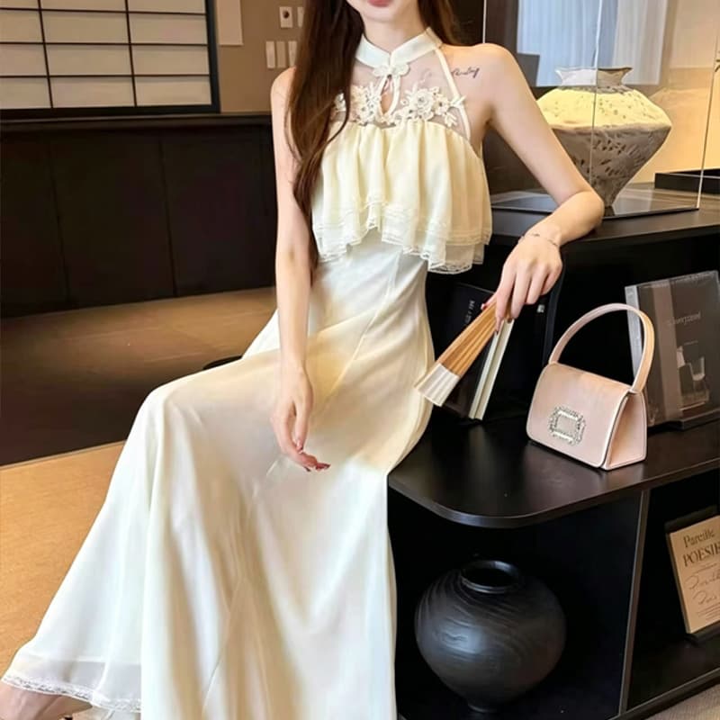 실사 2026 여름 새로운 천 골드 센스 품격 오프숄더 망사 패치워크 프릴 새로운 중식 행침 목 드레스 상세 이미지 10