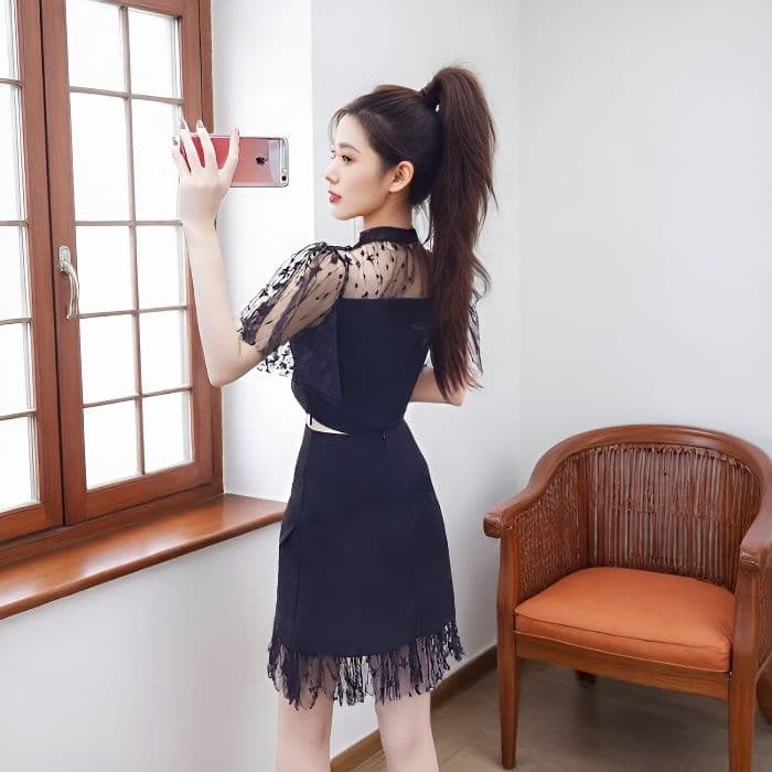실사 고급 센스 세트 여성 여름 드레스 2026 새로운 디자인 센스 쇼트 스타일 맨위 작은 키 망사 반신 미니 스커트 상세 이미지 2
