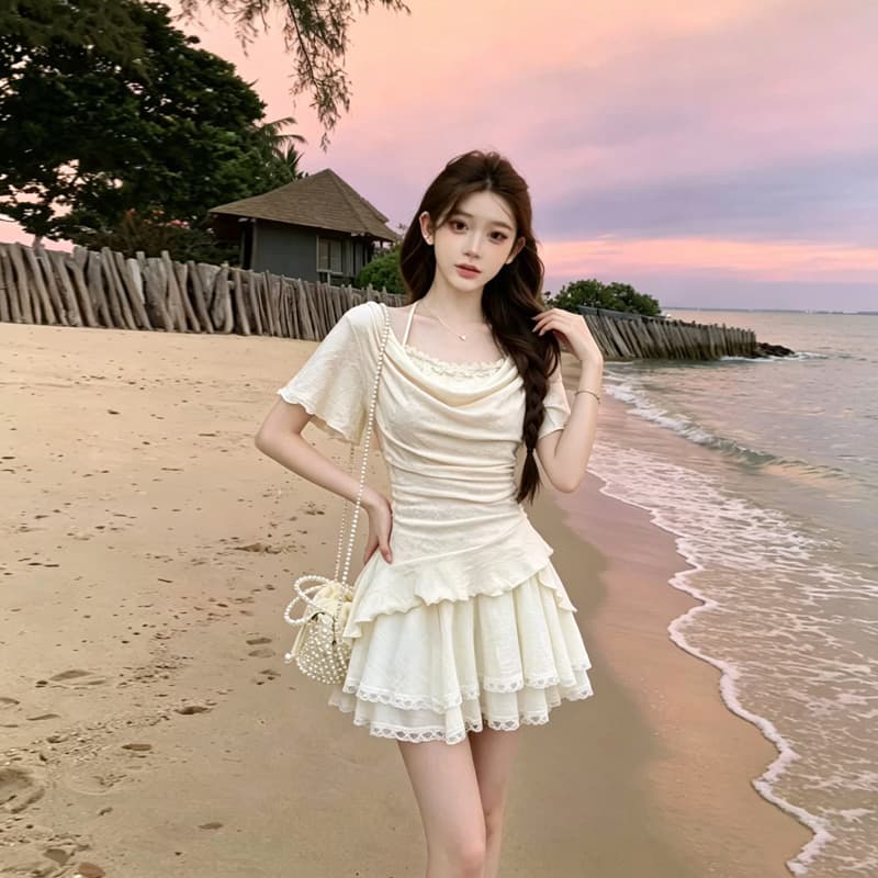 실사 달콤한 매운맛 바람 세트 여성 여름 2026 새로운 디자인 센스 불규칙 흔들다 칼라 맨위 케이크 드레스 투피스 세트